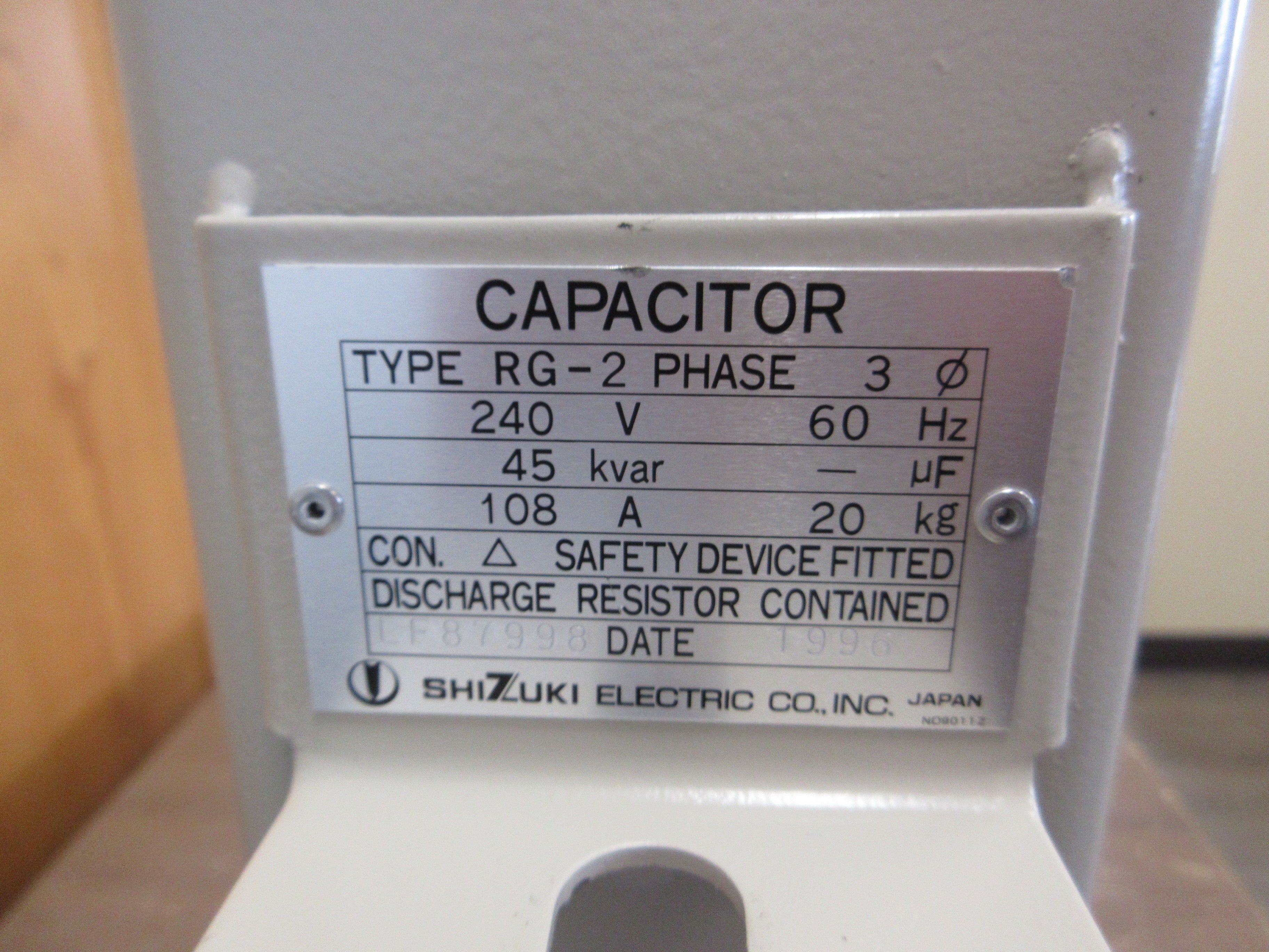 Shizuki Electric Capacitor RG-2 45kvar 240V 60Hz 3Ph Used