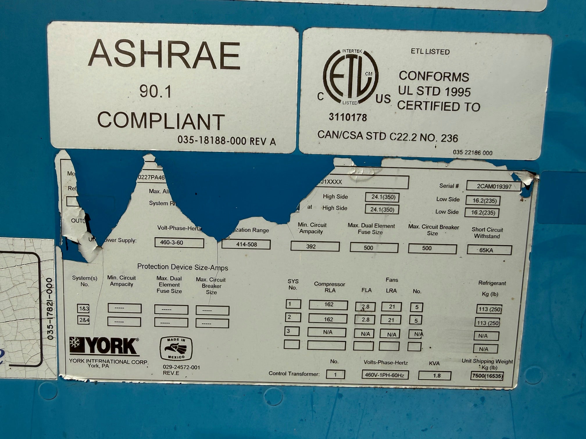 York Air Cooled YCIV Chiller 227 Ton 460V MFD: 3/13 Bent Control Panel