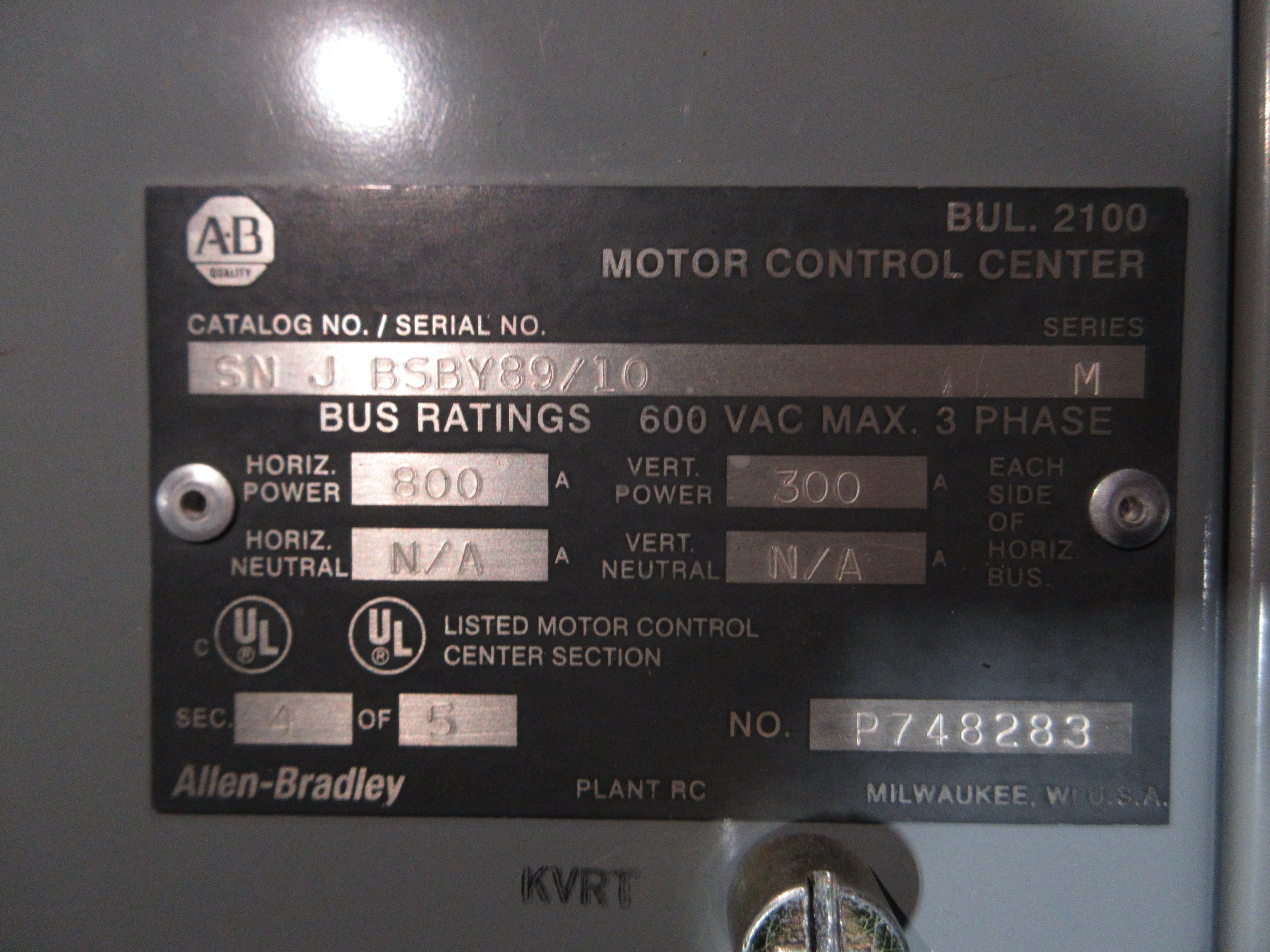 Allen-Bradley 2100 Motor Control Center SNJ BSBY89/10 Ser. N 400HP Used