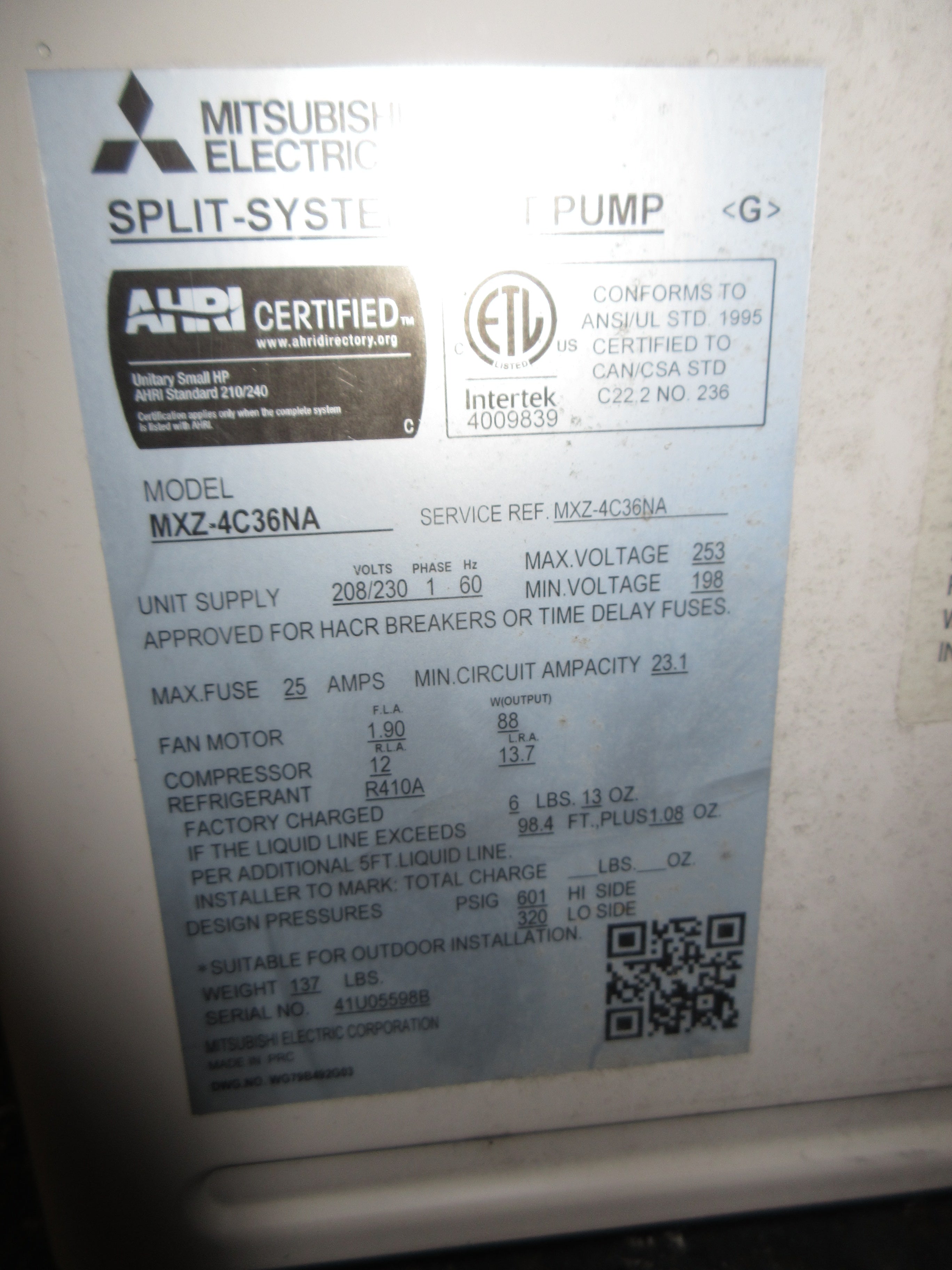 Mitsubishi Split-System Heat Pump MXZ-4C36NA 208/230V 1Ph 60Hz (2) Thermostat