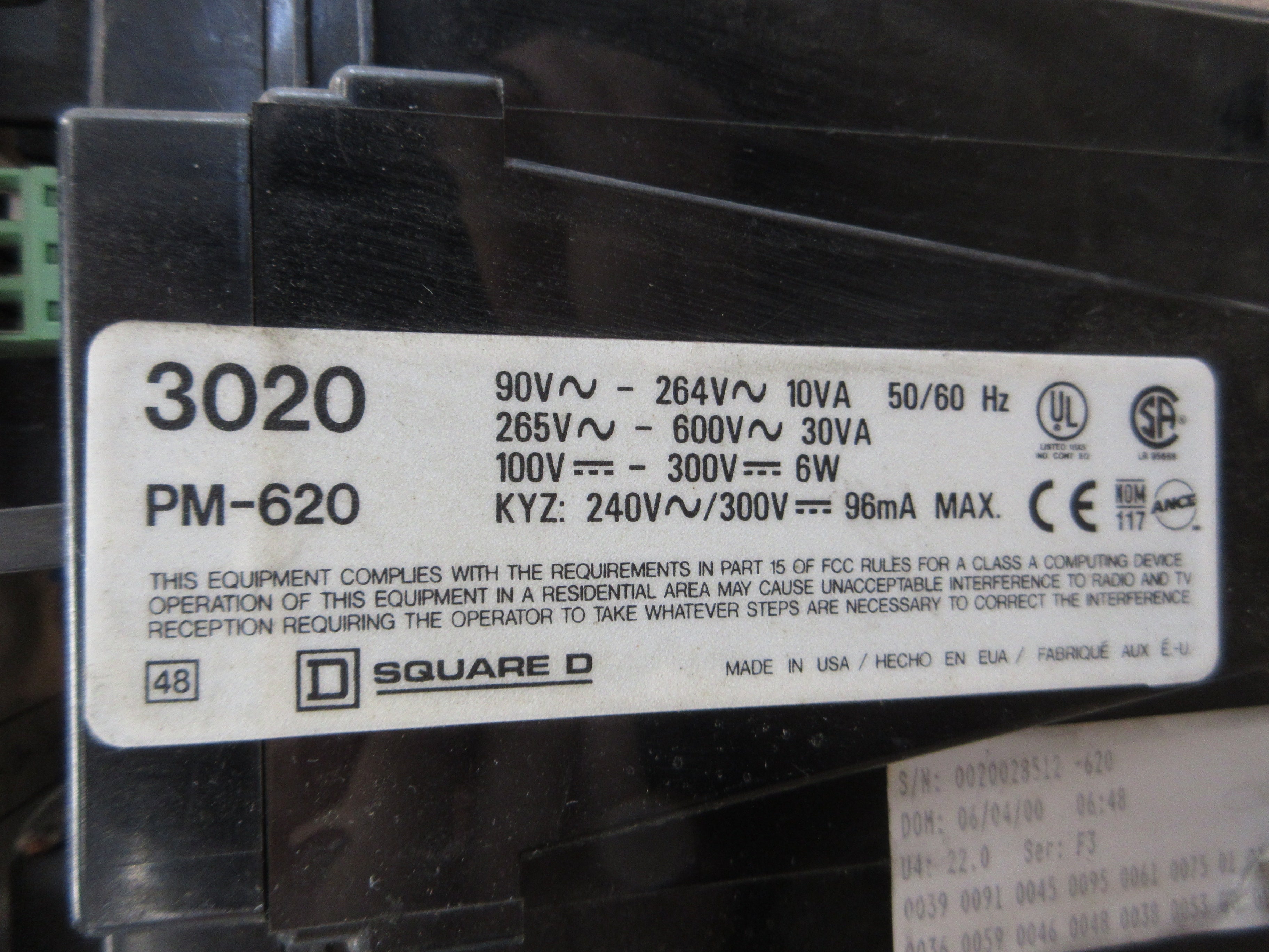 Square D PowerLogic Power Meter 3020 PM-620 Ser. F3 Used