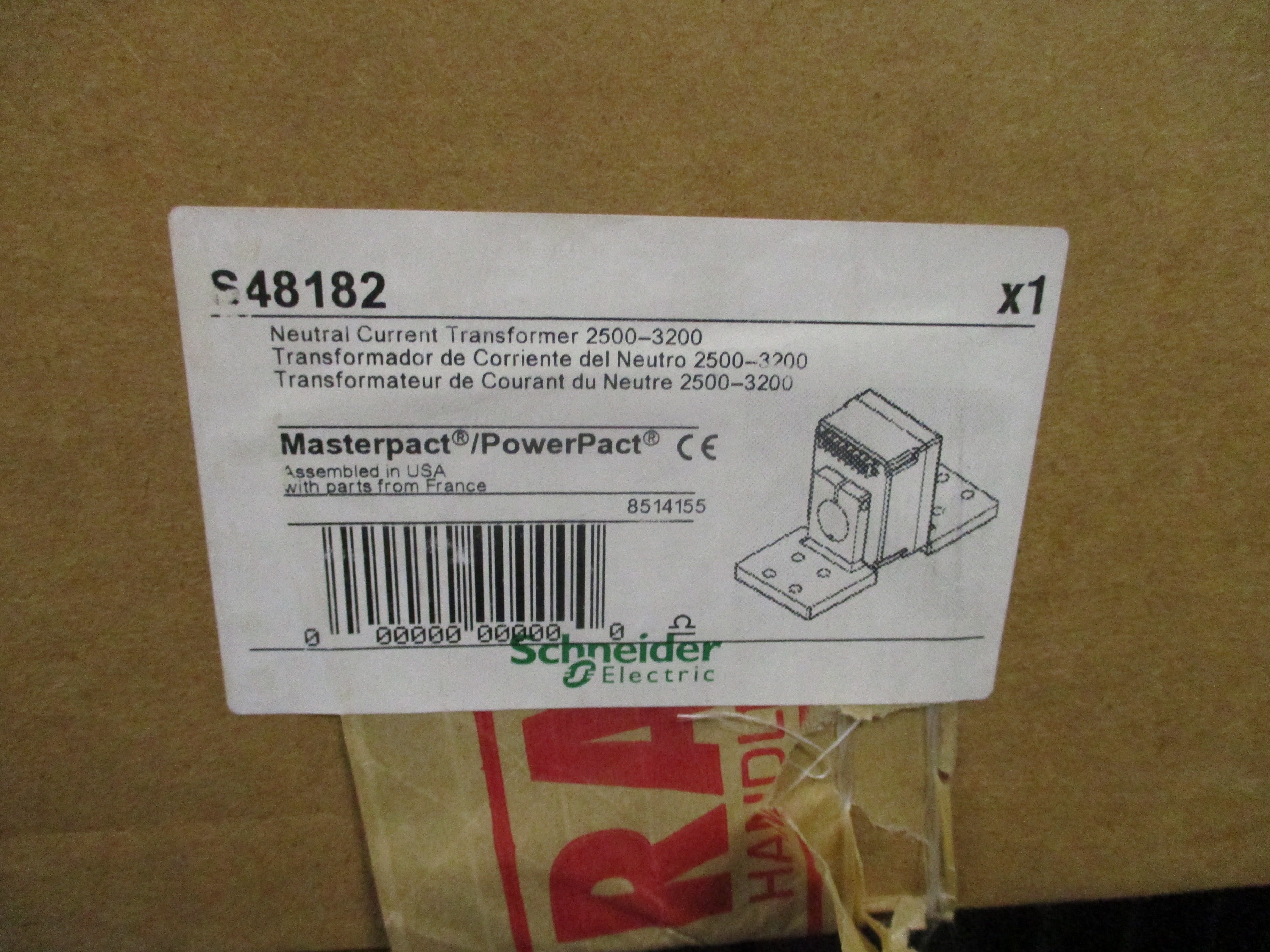 Schneider Electric Masterpact/PowerPact Neutral Current Transformer S48182 3000A New Surplus