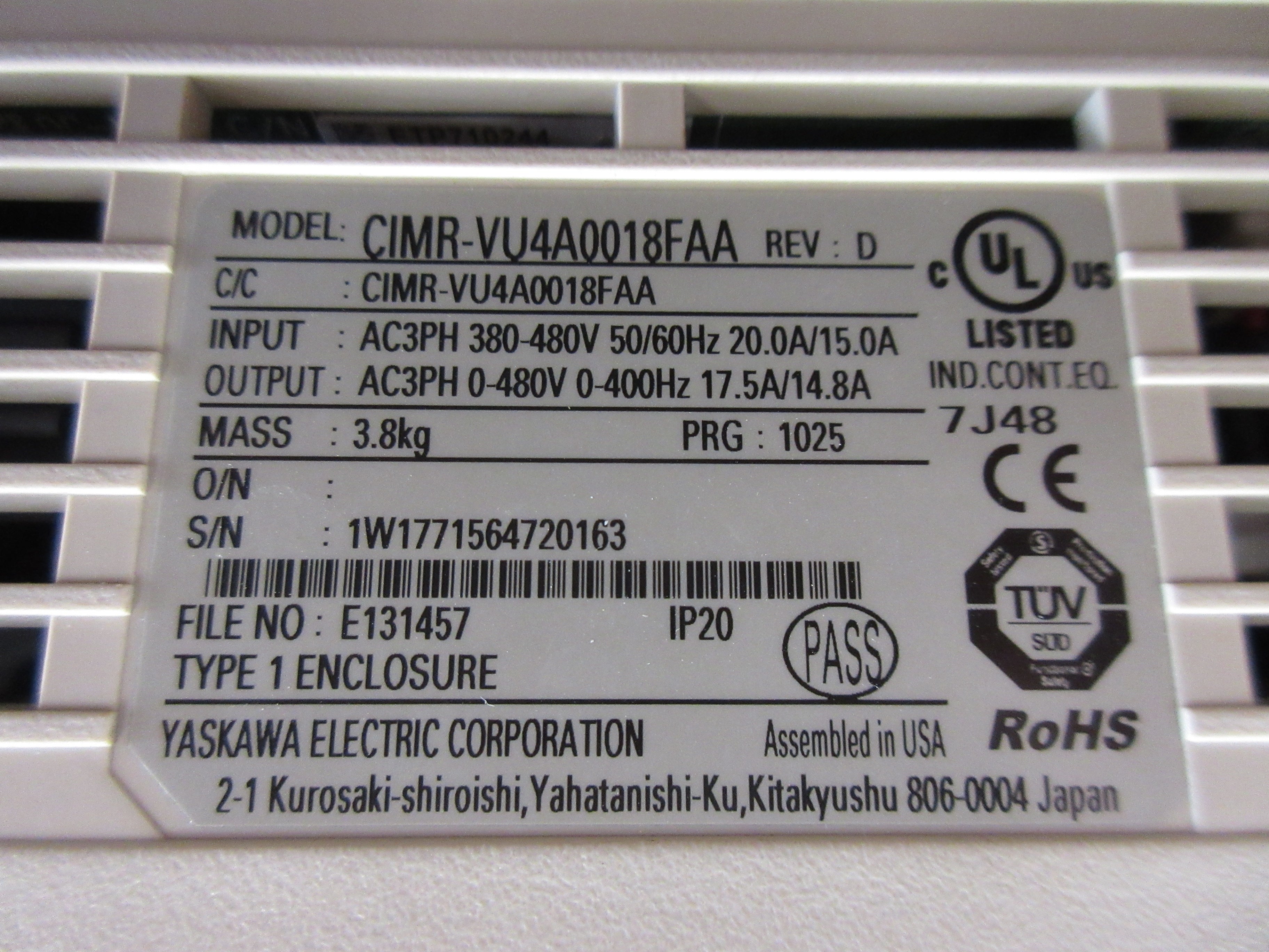 Yaskawa V1000 AC Drive CIMR-VU4A0018FAA 10HP Rev. D 3Ph Used