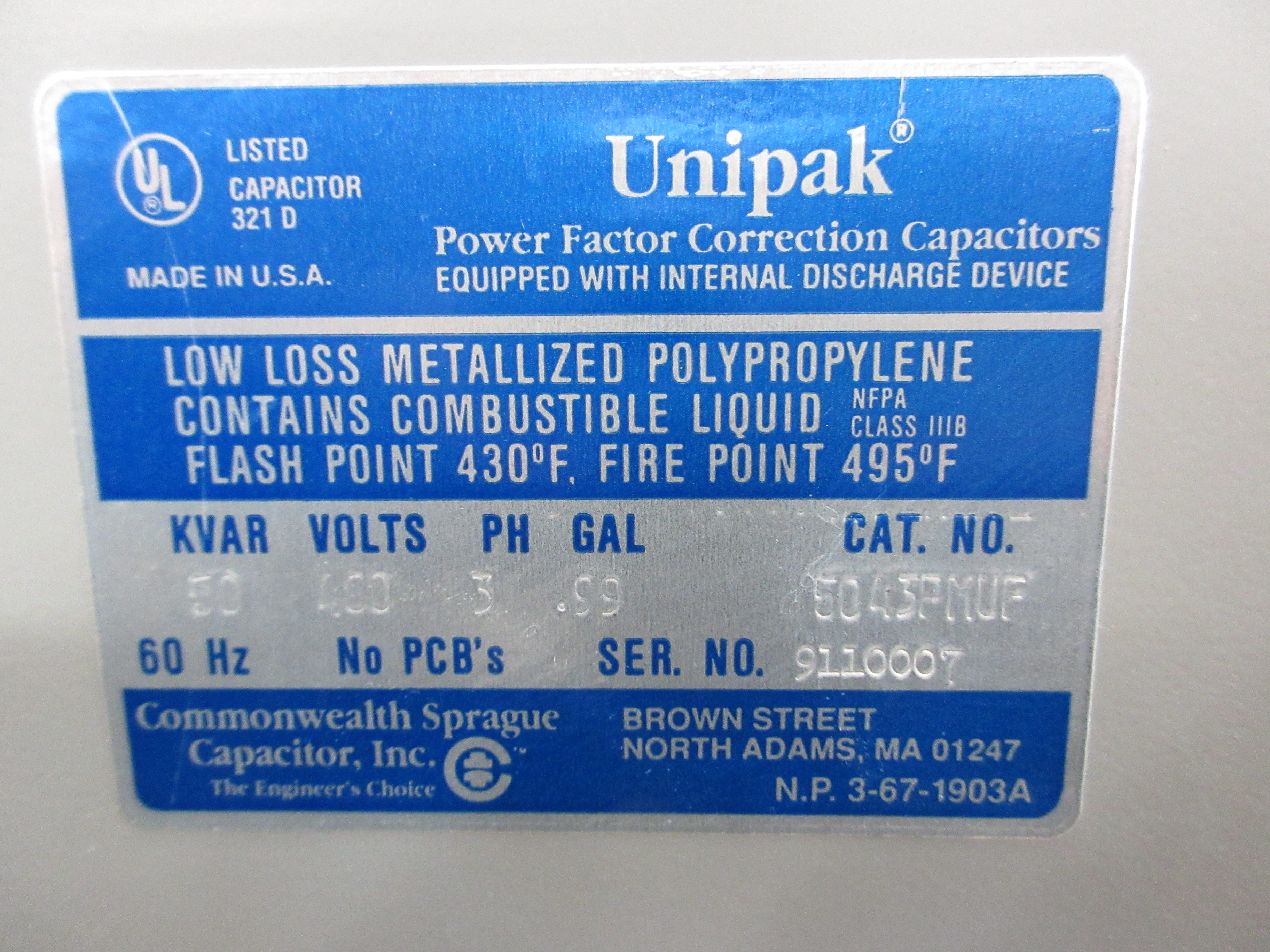 Commonwealth Sprague Unipak Capacitor 5043PMUF 50kVAR 480V 3Ph Used