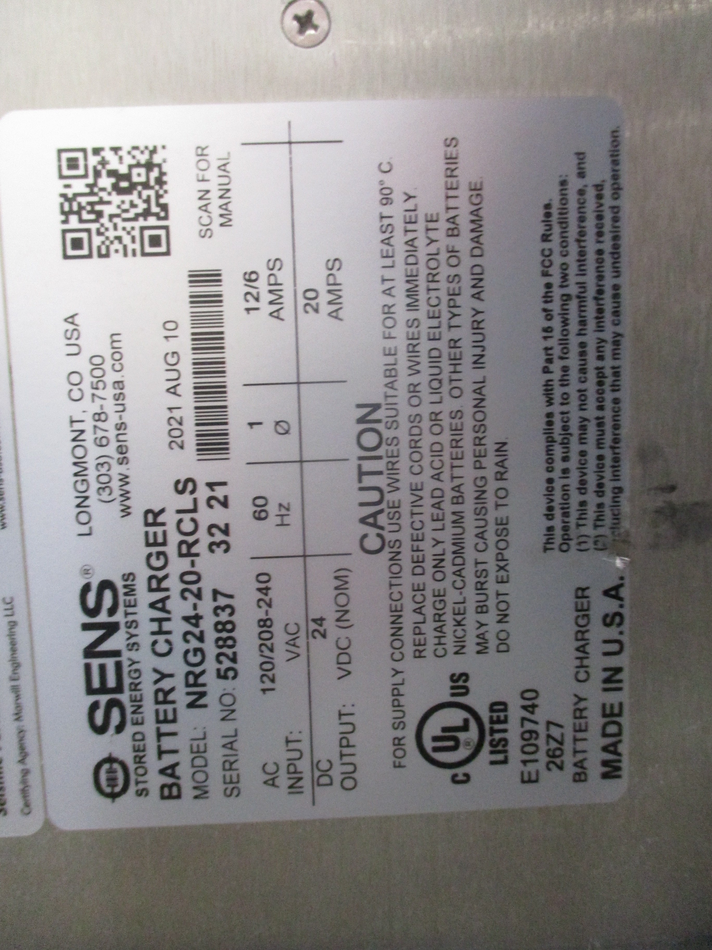 Sens EnerGenius Battery Charger NRG24-20-RCLS Input: 120/208-240VAC 60Hz 1Ph