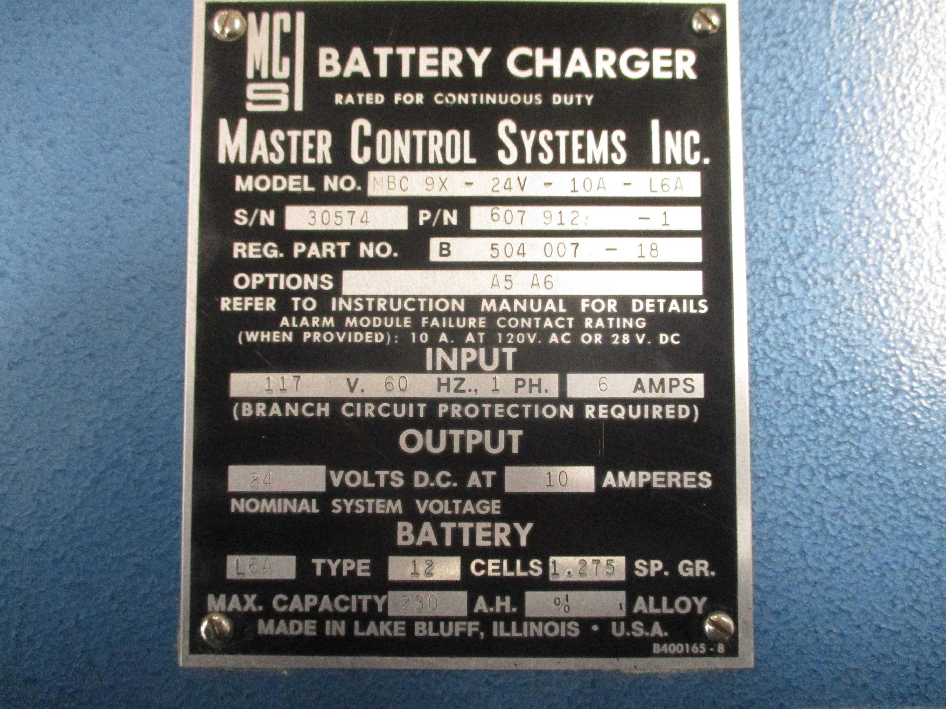 MCS Battery Charger 607 912-1 Model #: MBC 9X-24V-10A-L6A 230AH