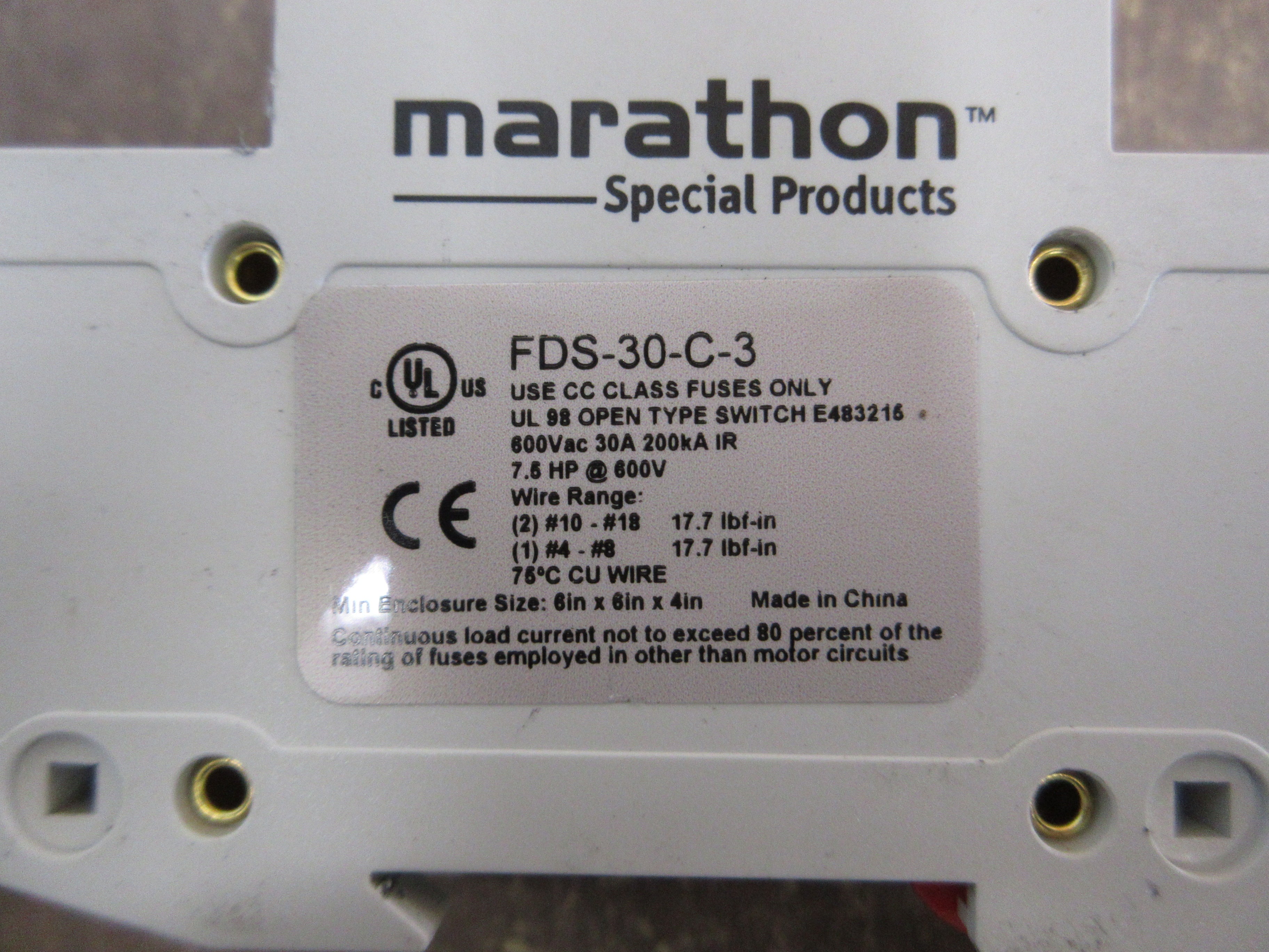 Marathon Fused Circuit Breaker FDS-30-C-3 30A 600V 3P Used