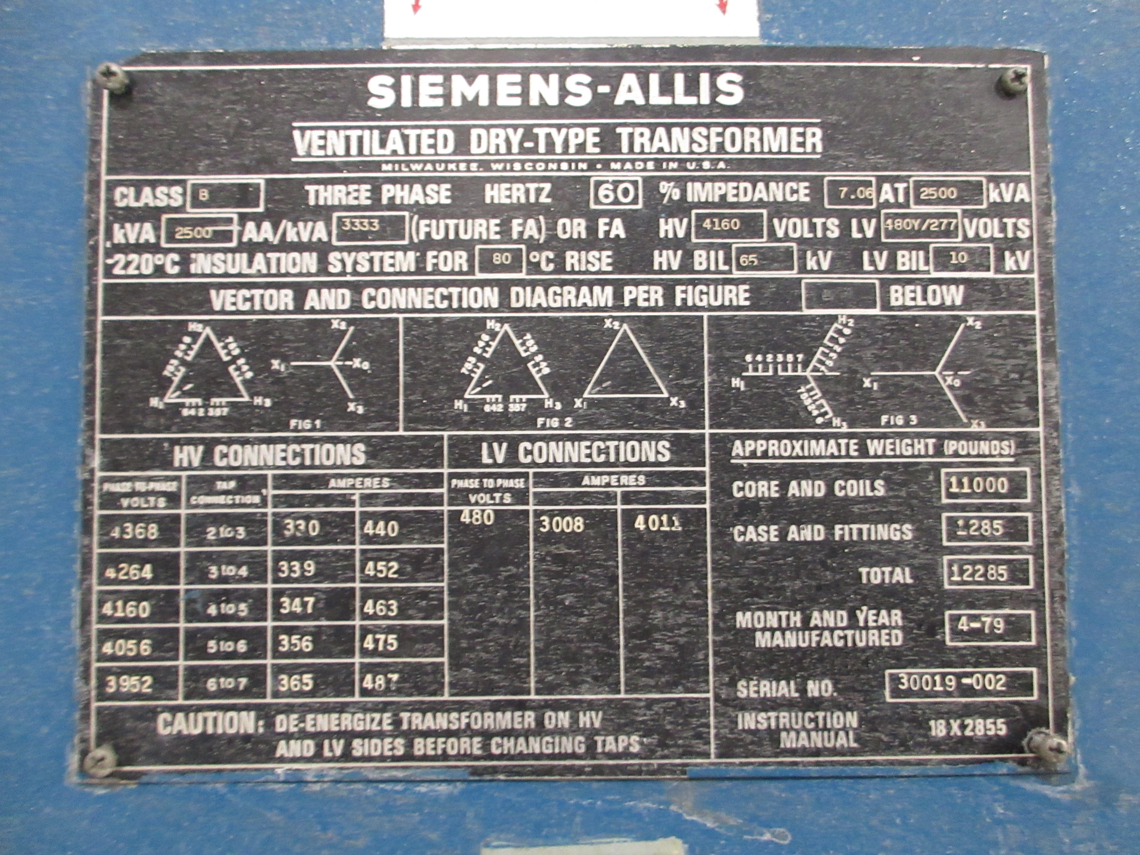 Siemens-Allis Transformer 2500kVA Pri: 4160V Sec: 480Y/277V 60Hz 3Ph Used