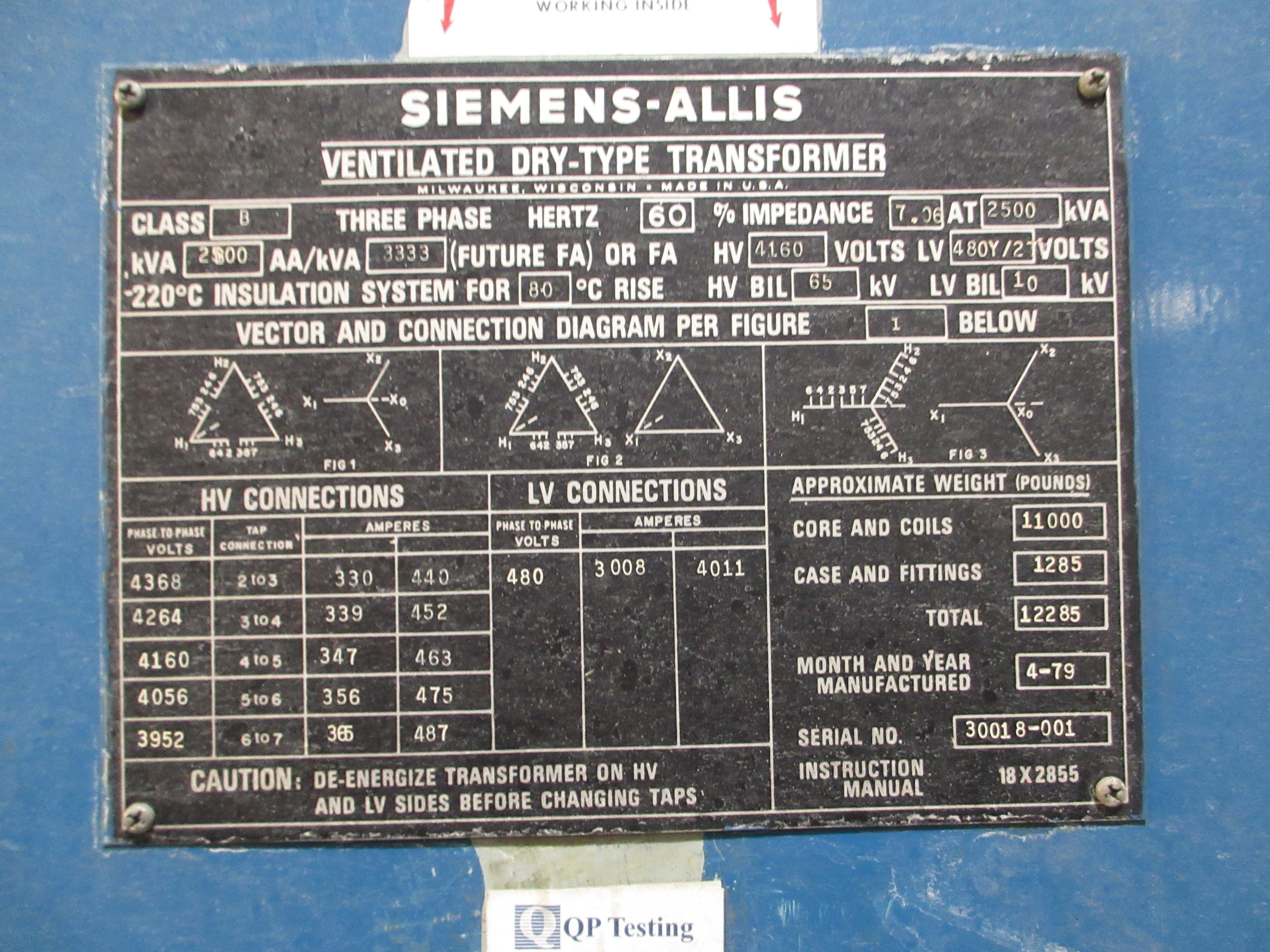 Siemens-Allis Transformer 2500kVA 3Ph 60Hz Pri: 4160V Sec: 480Y/277V Used