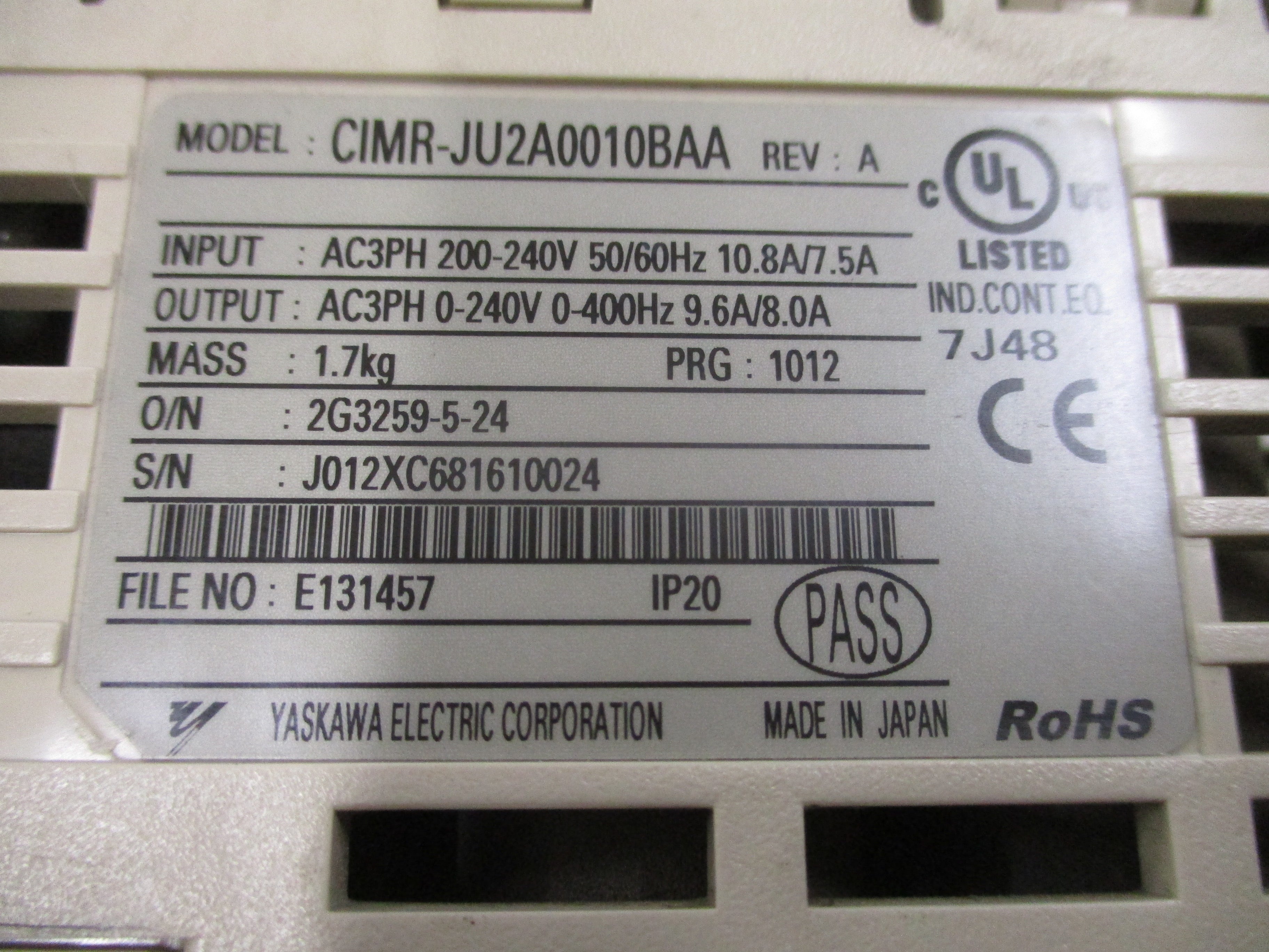 Yaskawa J1000 AC Drive CIMR-JU2A0010BAA 2HP 3Ph Input: AC3PH 200-240V 50/60HZ
