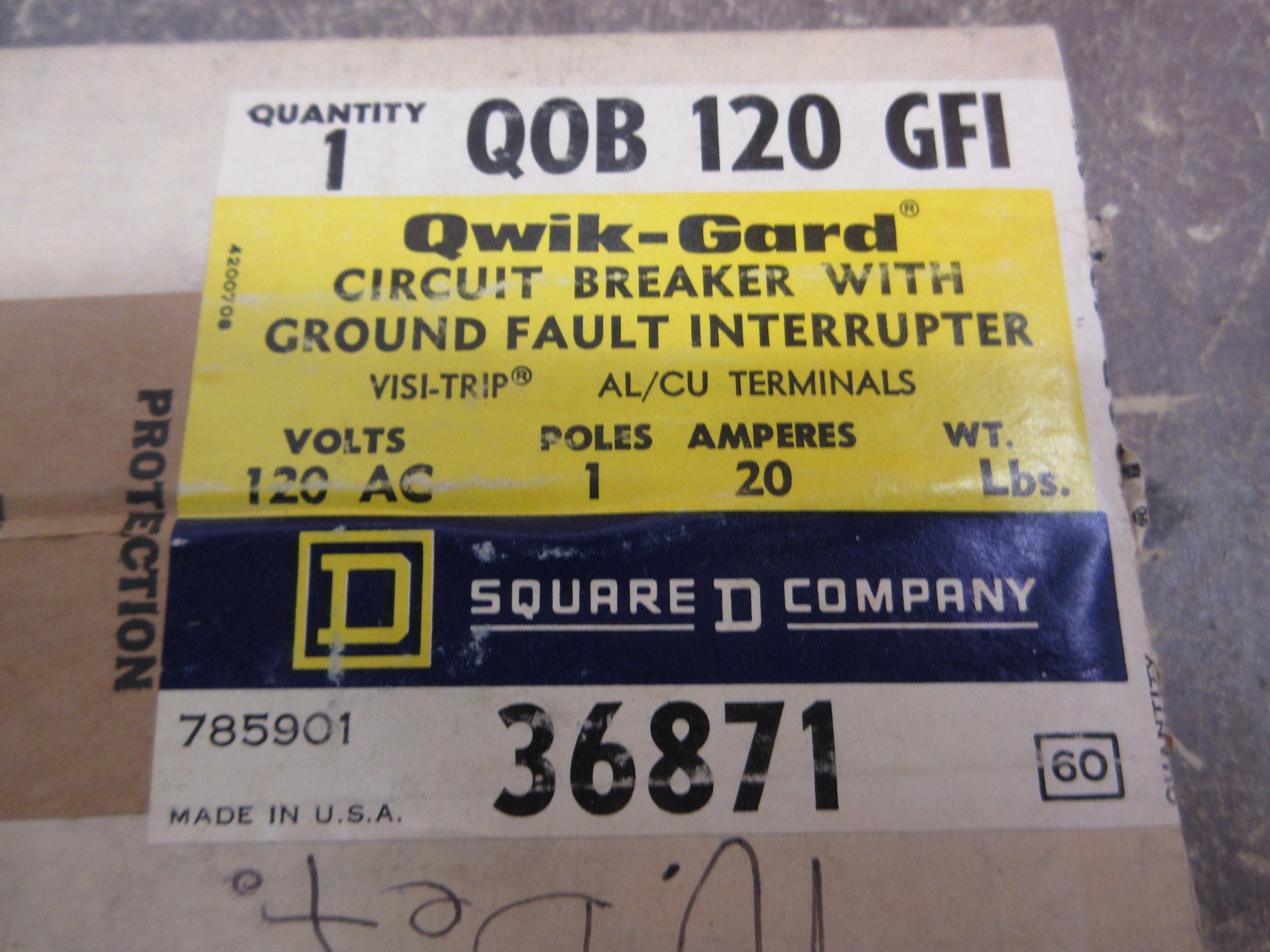 Square D Bolt-On Circuit Breaker QOB120GFI 20A 120V 1P w/ GFI New Surplus
