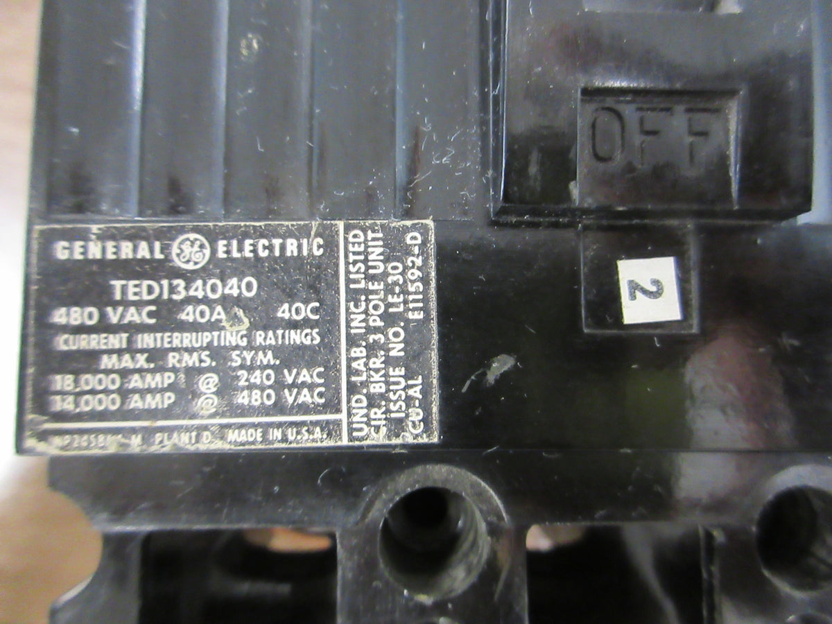 GE Circuit Breaker TED134040 40A 480V 3 P Used