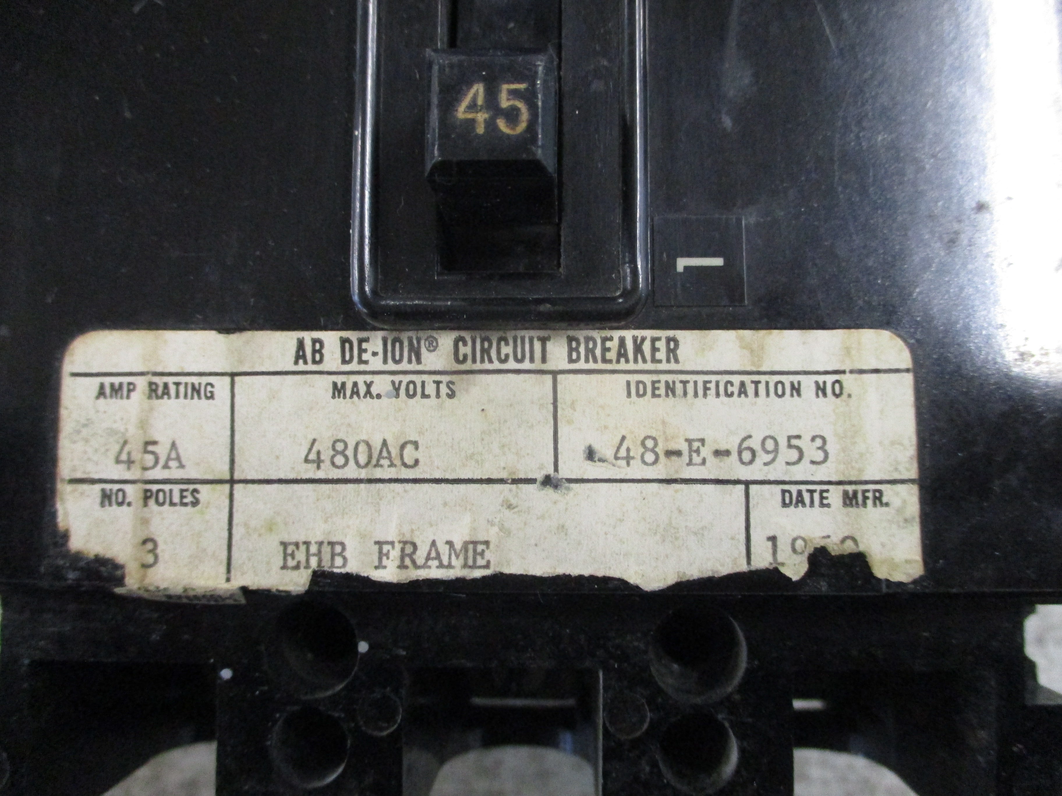 Westinghouse AB De-Ion Circuit Breaker 48-E-6953 45A 480V 3P Used