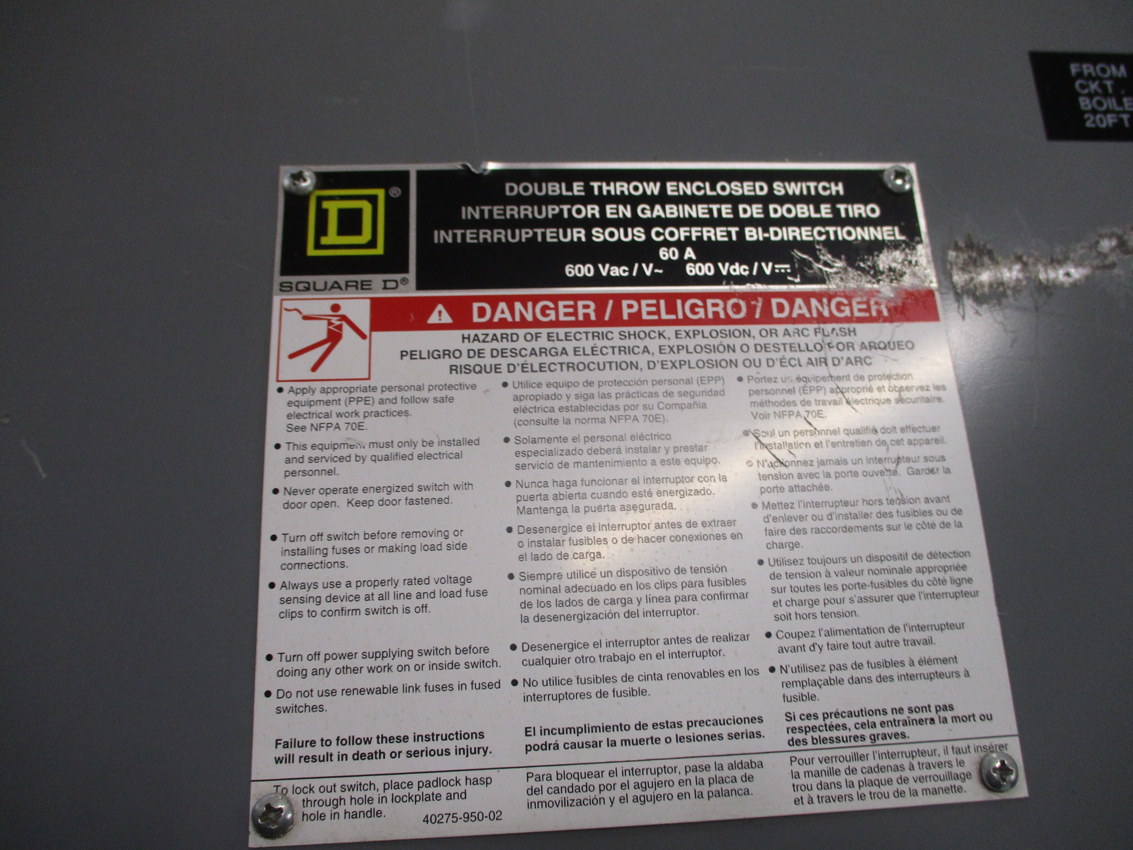 Square D Non-Fusible Double-Throw Safety Switch/Disconnect DTU462 60A 600V 3P