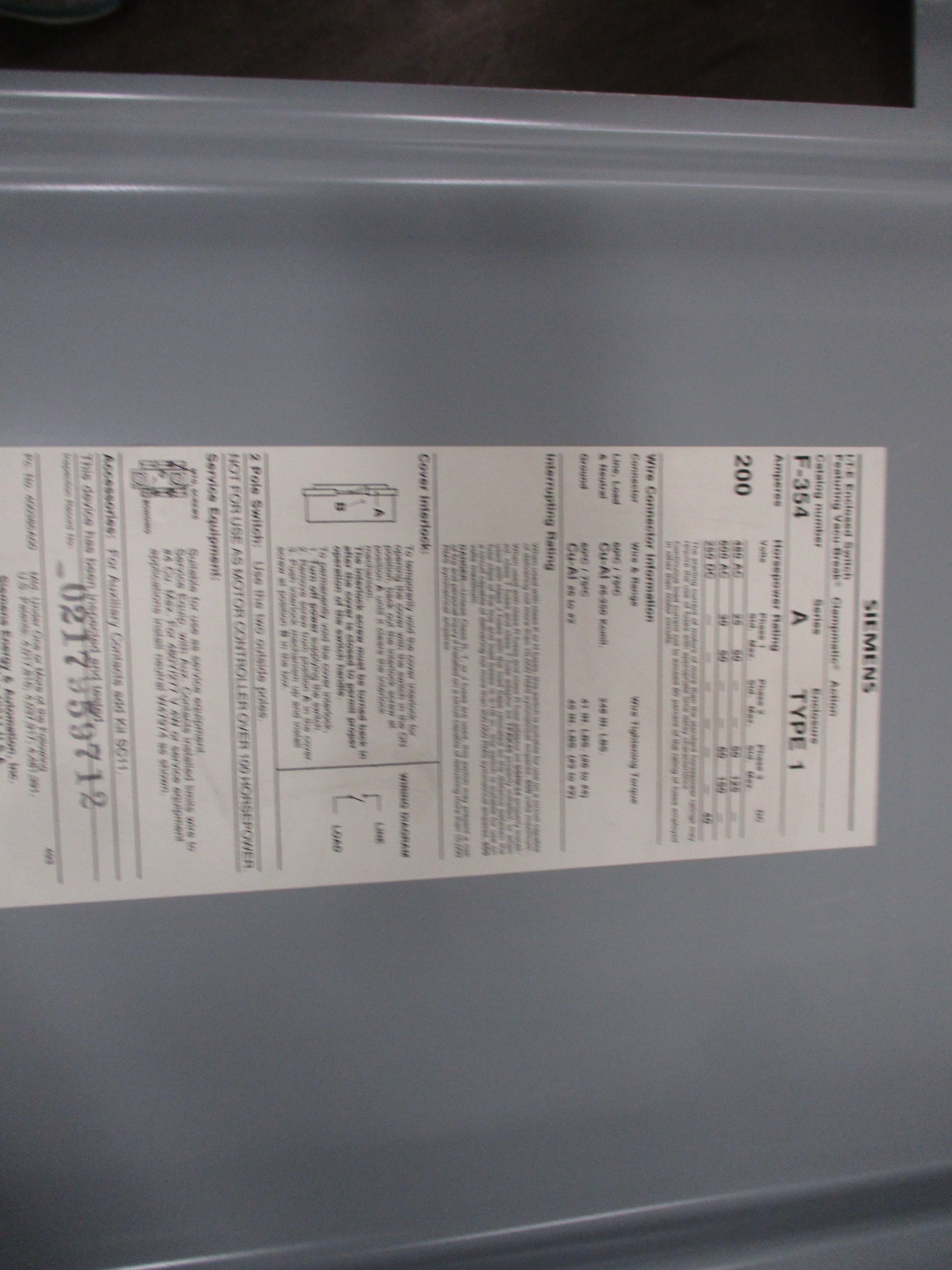 Siemens Fusible Safety Switch/Disconnect F354 200A 600V 3P Used