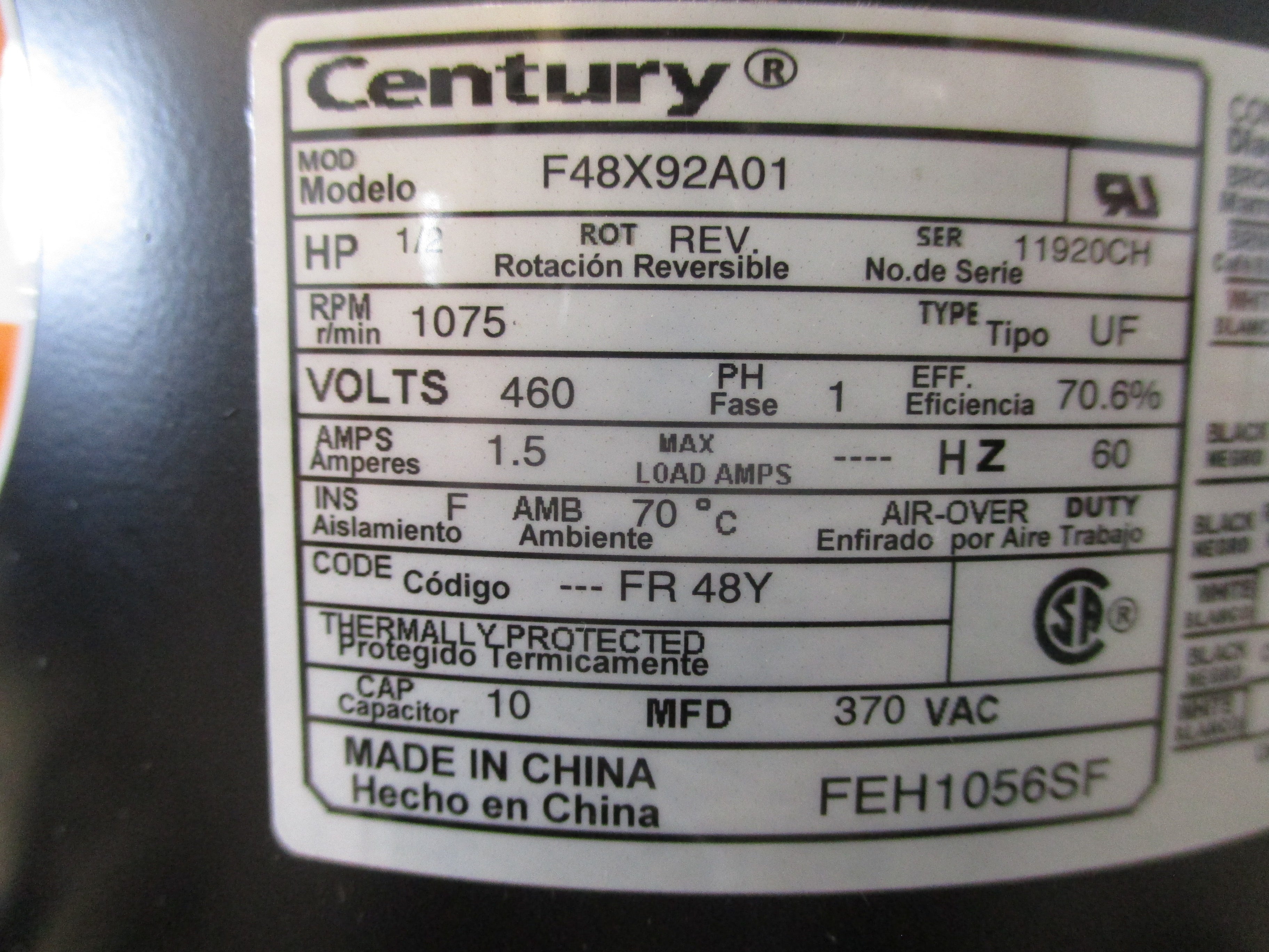 Century Motor FEH1056SF 1/2HP 460V 1075RPM Frame: 48Y 1.5A 60Hz 1PH New Surplus