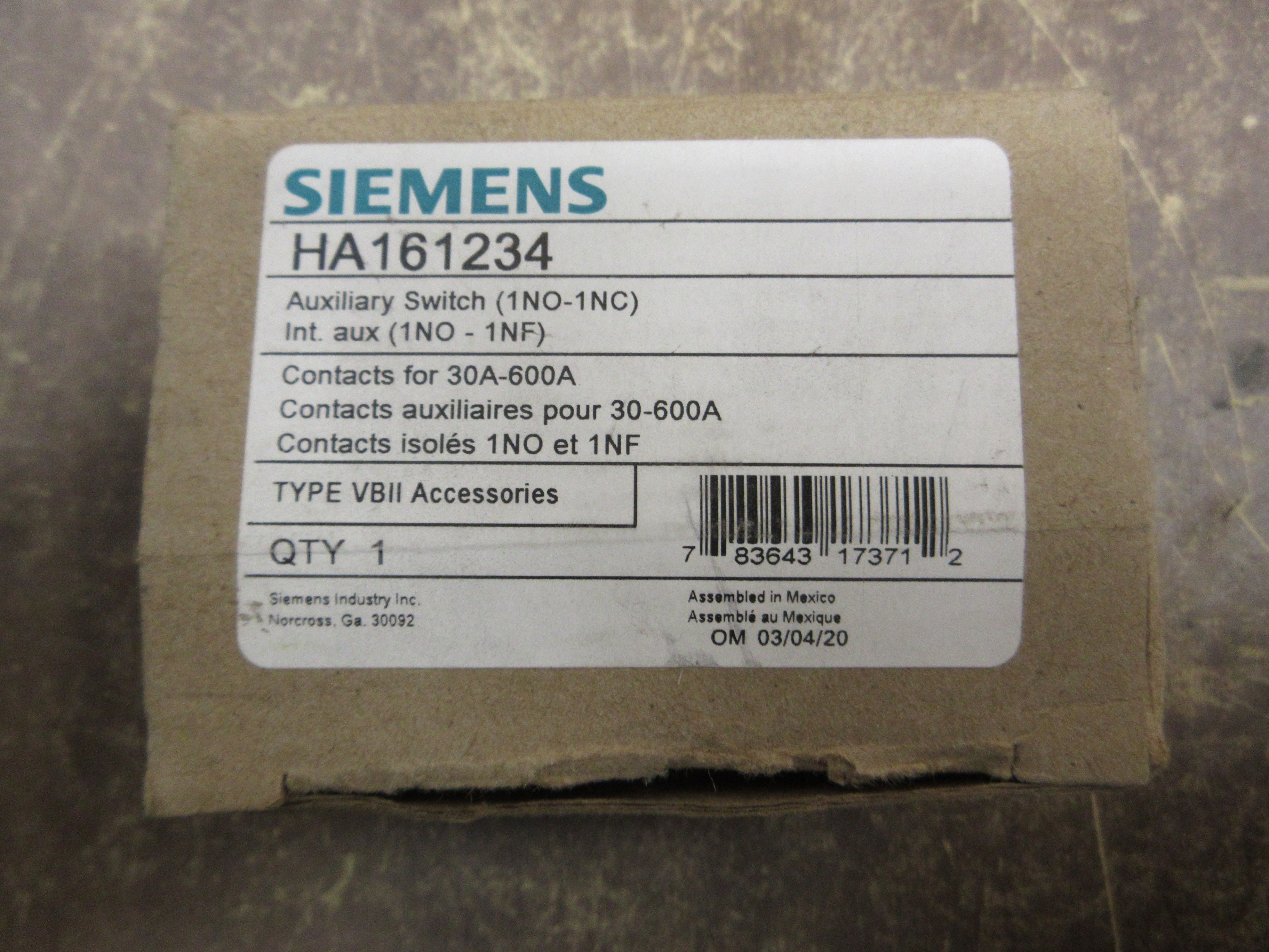 Siemens Auxiliary Switch HA161234 30-600A 1 N.O 1 N.C New Surplus