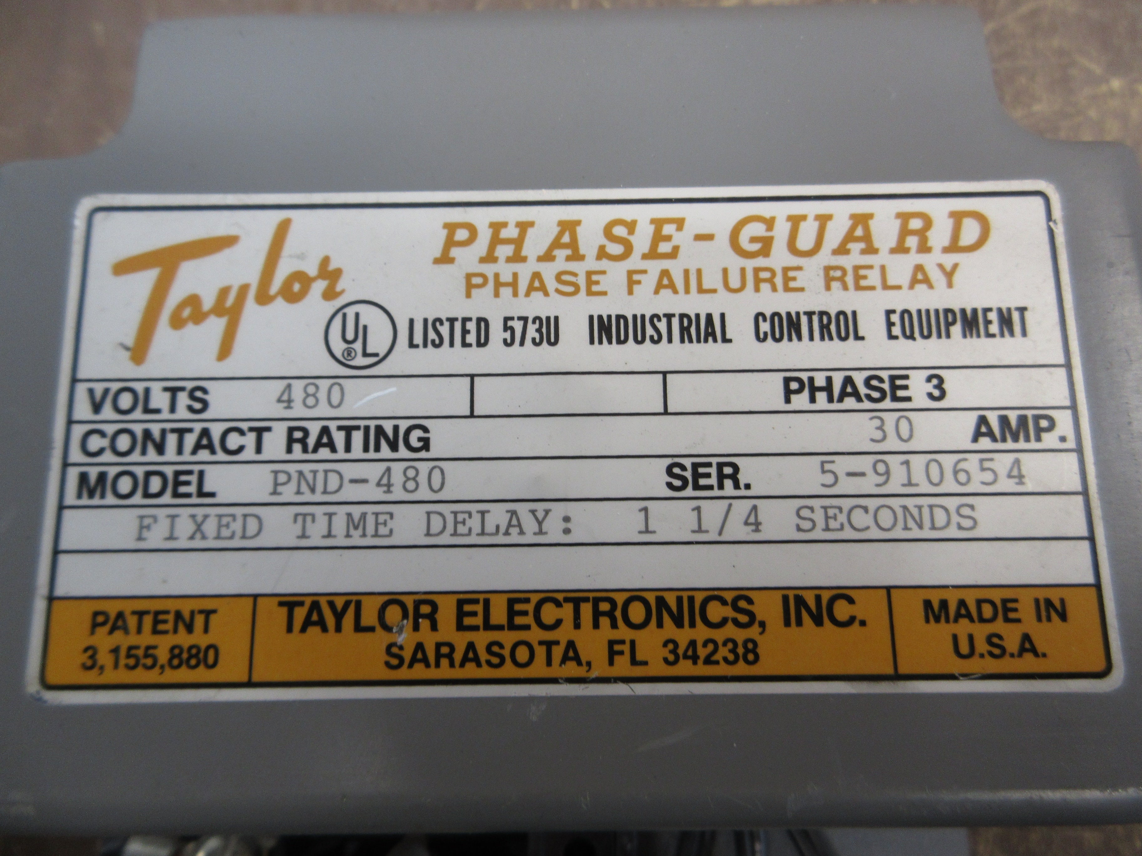 Taylor Phase-Guard Phase Failure Relay PND-480 30A 480V 3Ph Used