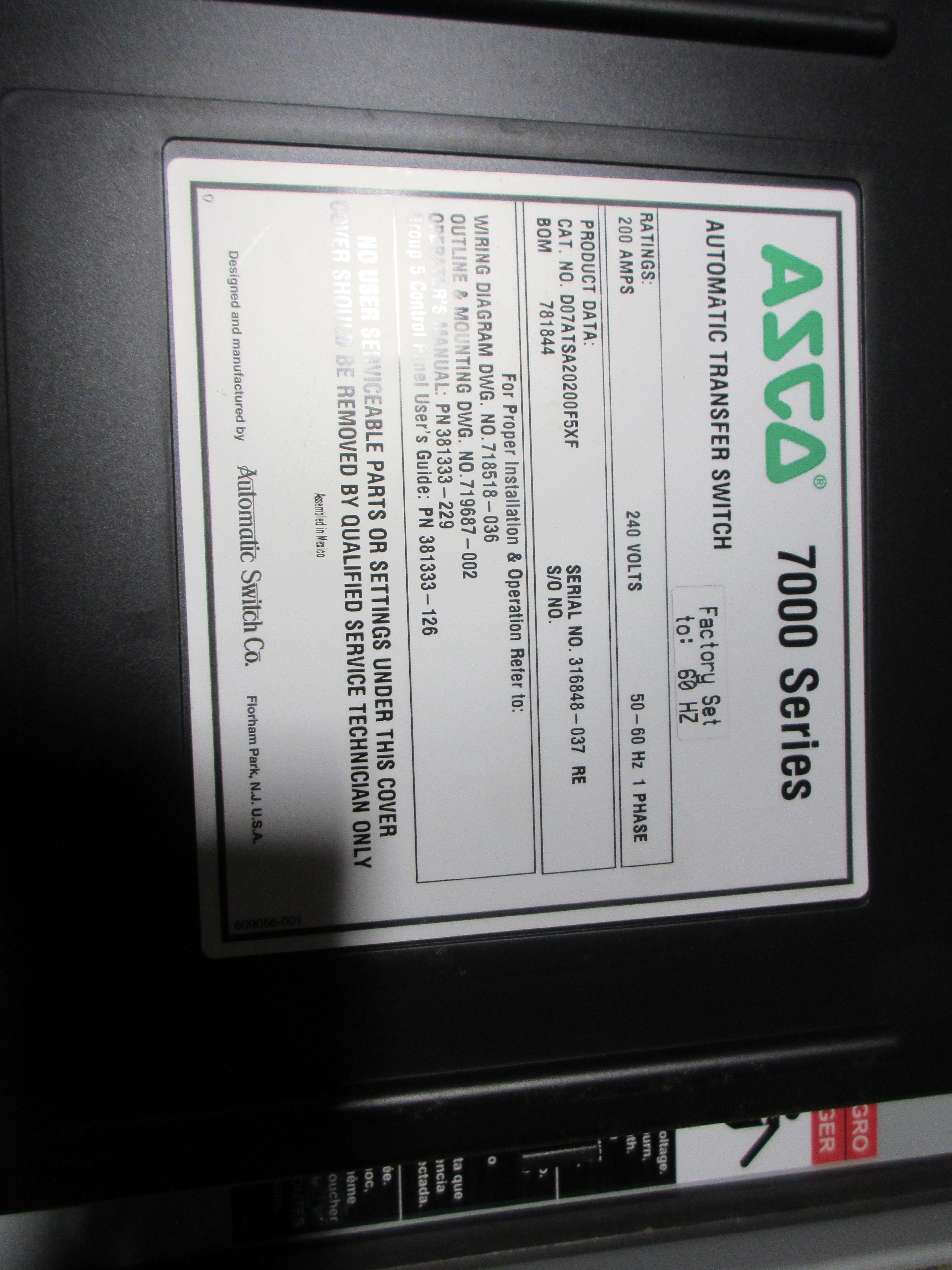 Asco7000 Series Automatic Transfer Switch D07ATSA20200FSXF 200A 240V 60/60Hz Used