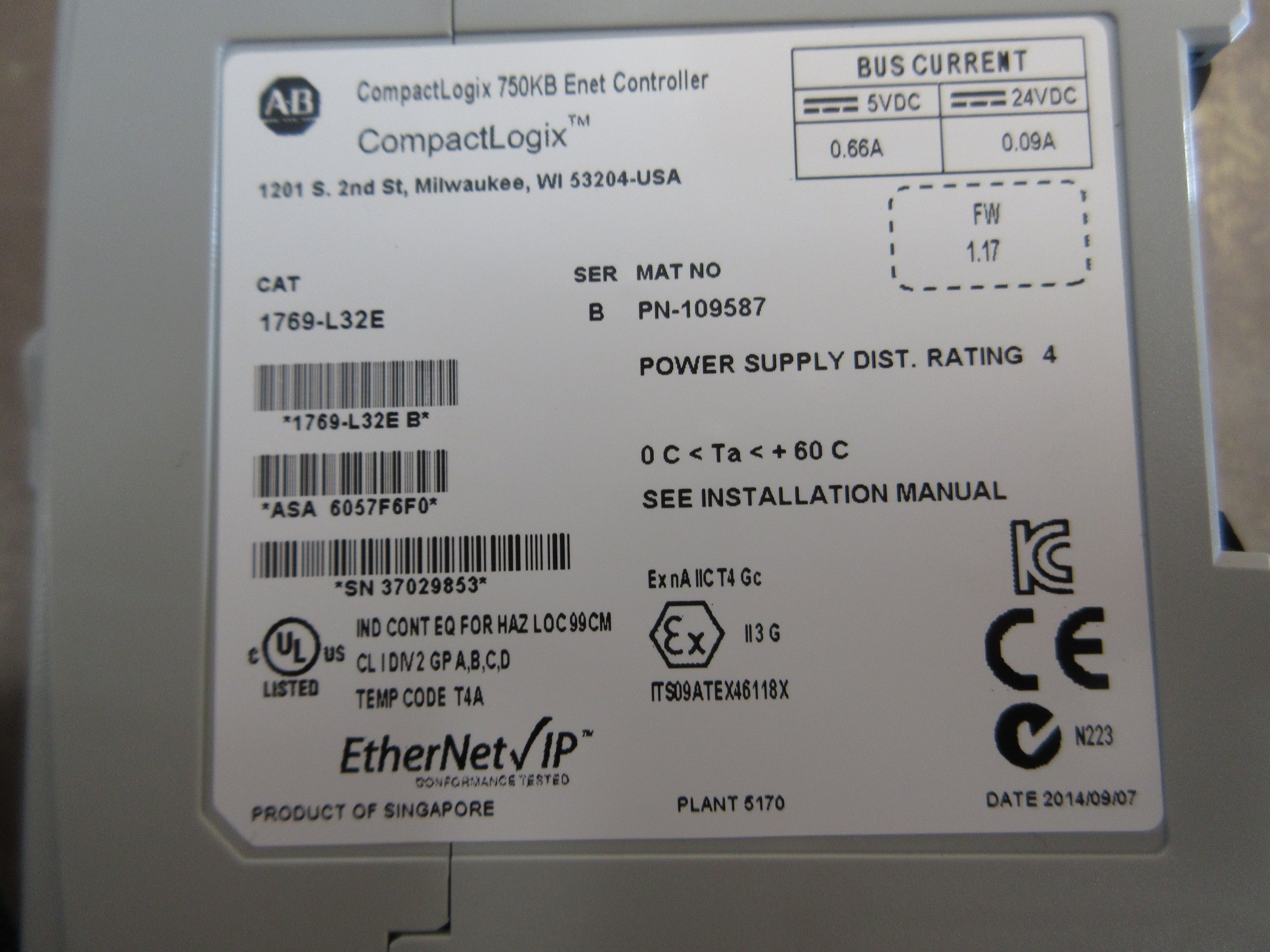 Allen-Bradley CompactLogix 750KB Enet Controller 1769-L32E Ser. B F/W: 1.17 Used