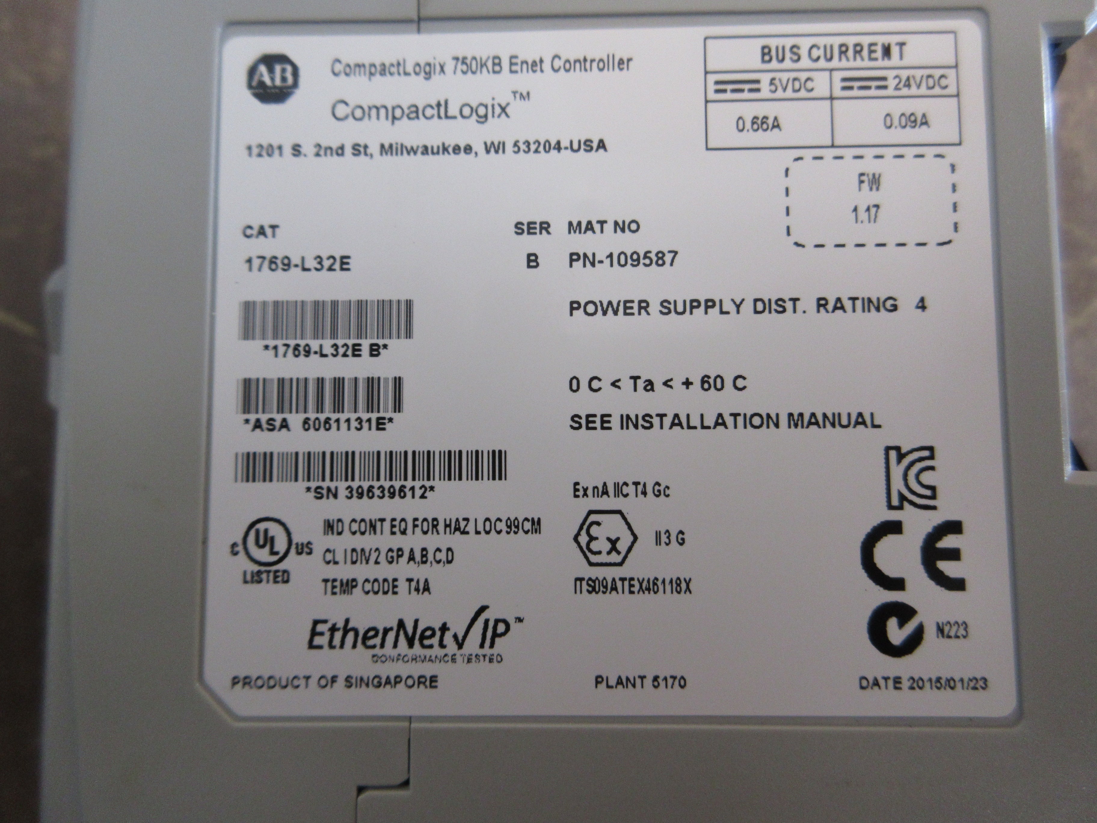 Allen-Bradley CompactLogix 750KB Enet Controller 1769-L32E Ser. B F/W: 1.17 Used