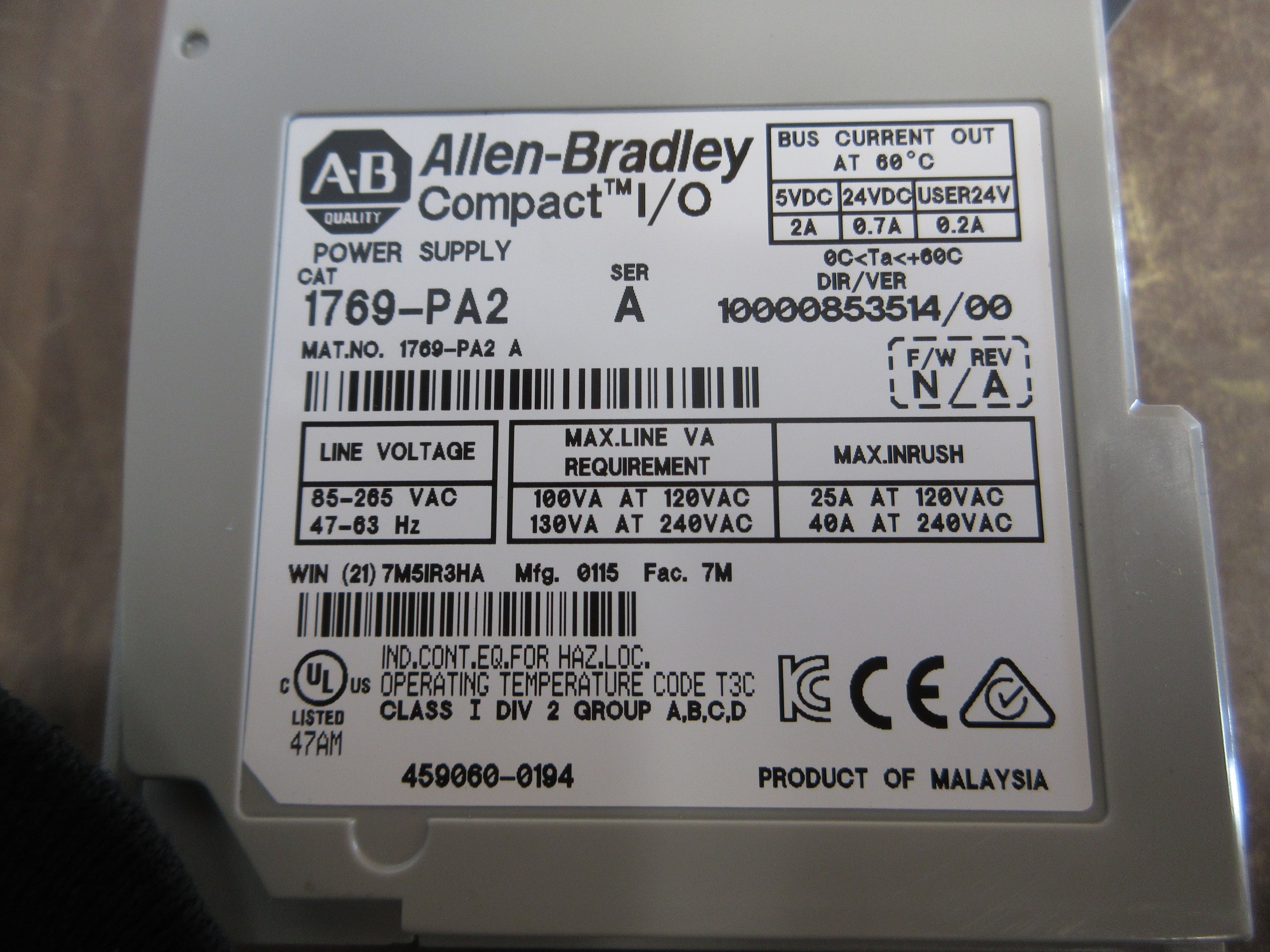 Allen-Bradley Compact I/O Power Supply 1769-PA2 Ser. A Used