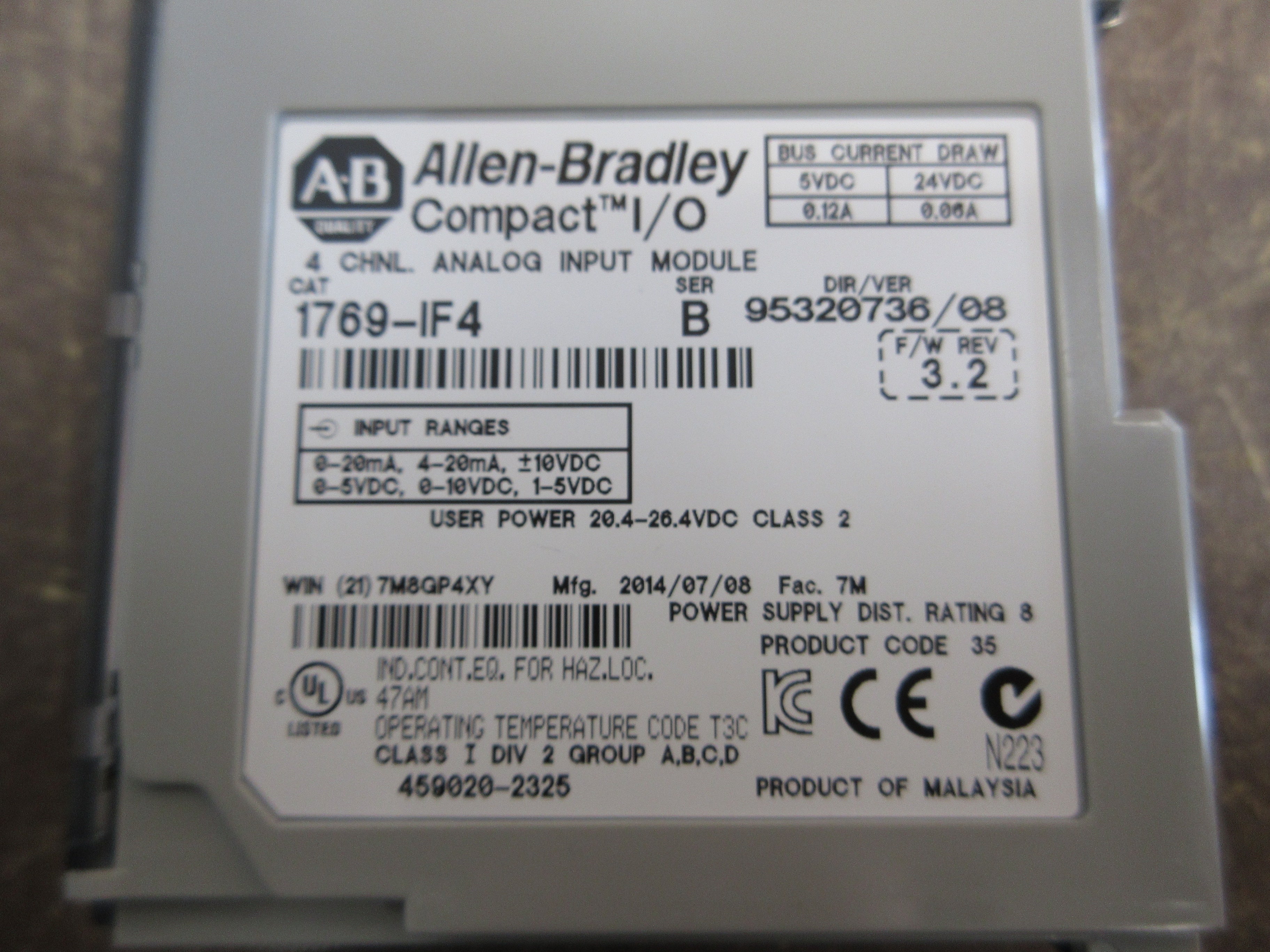 Allen-Bradley Compact I/O Analog Input Module 1769-IF4 Ser. B F/W Rev. 3.2 4-Ch