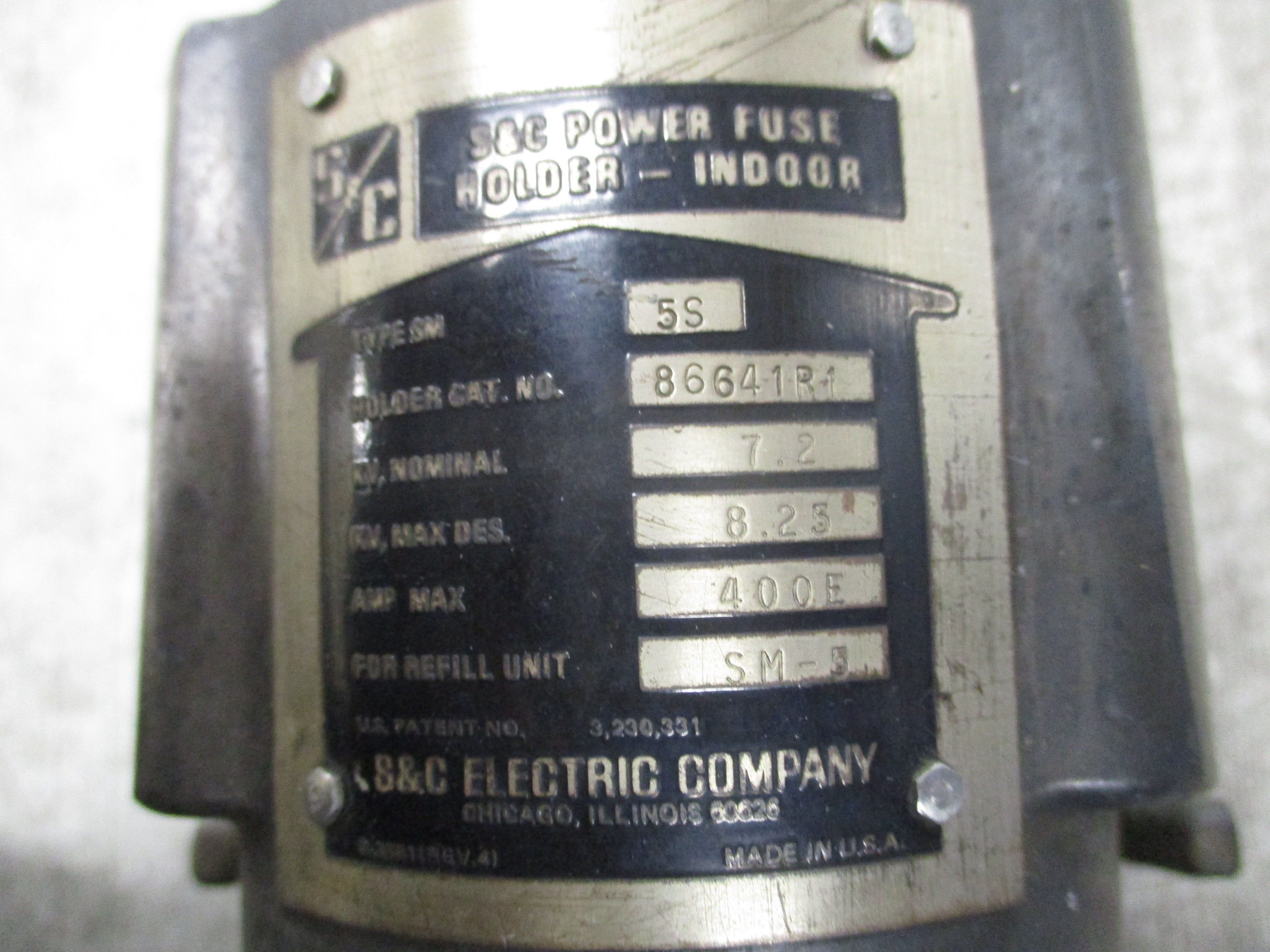 S&C Type SM-5S Fuse Holder 86641R1 7.2KV 400E Max 300E Refill Used