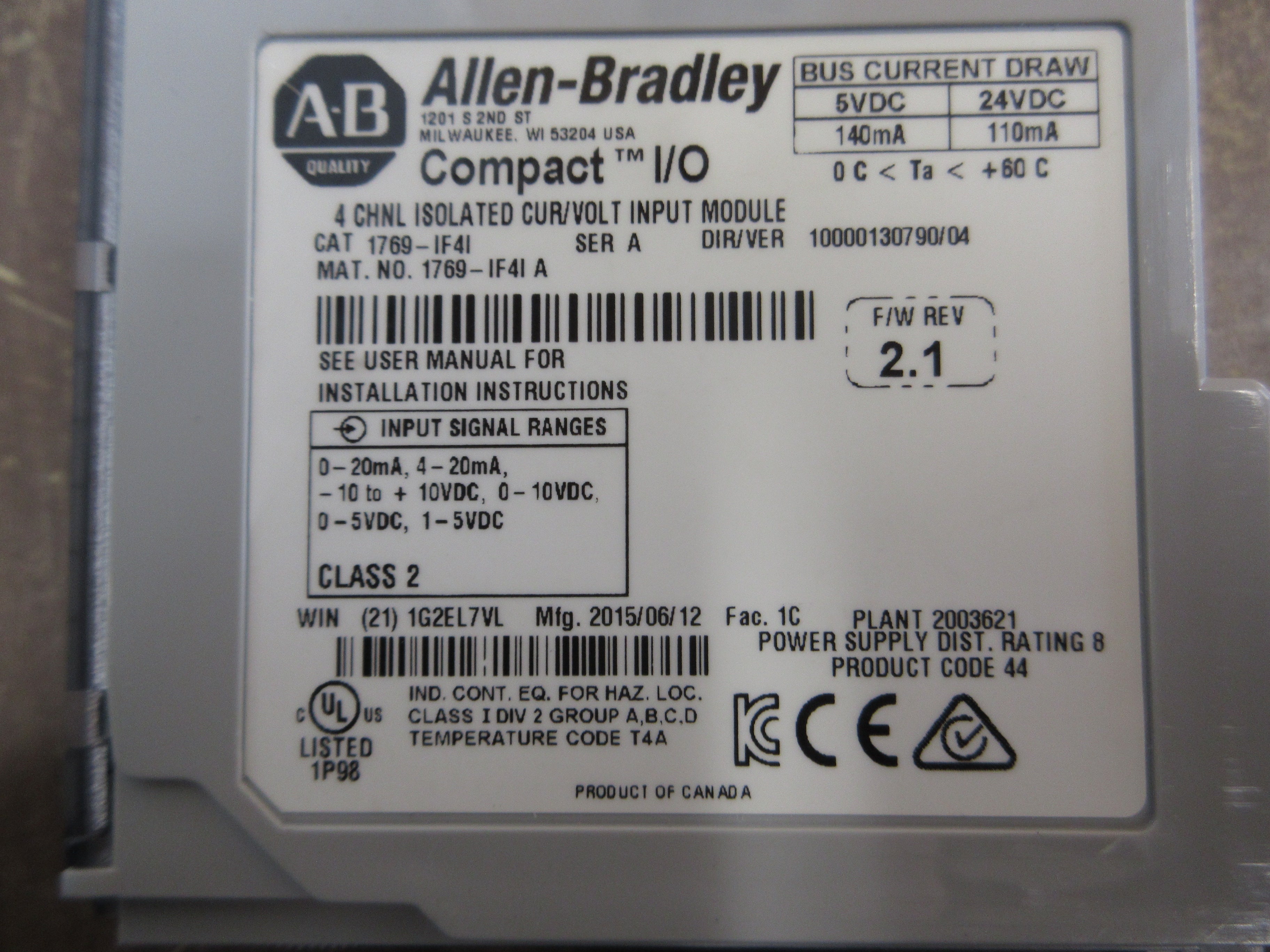 Allen-Bradley Compact I/O Isolated Input Module 1769-IF4I Ser. A F/W Rev. 2.1