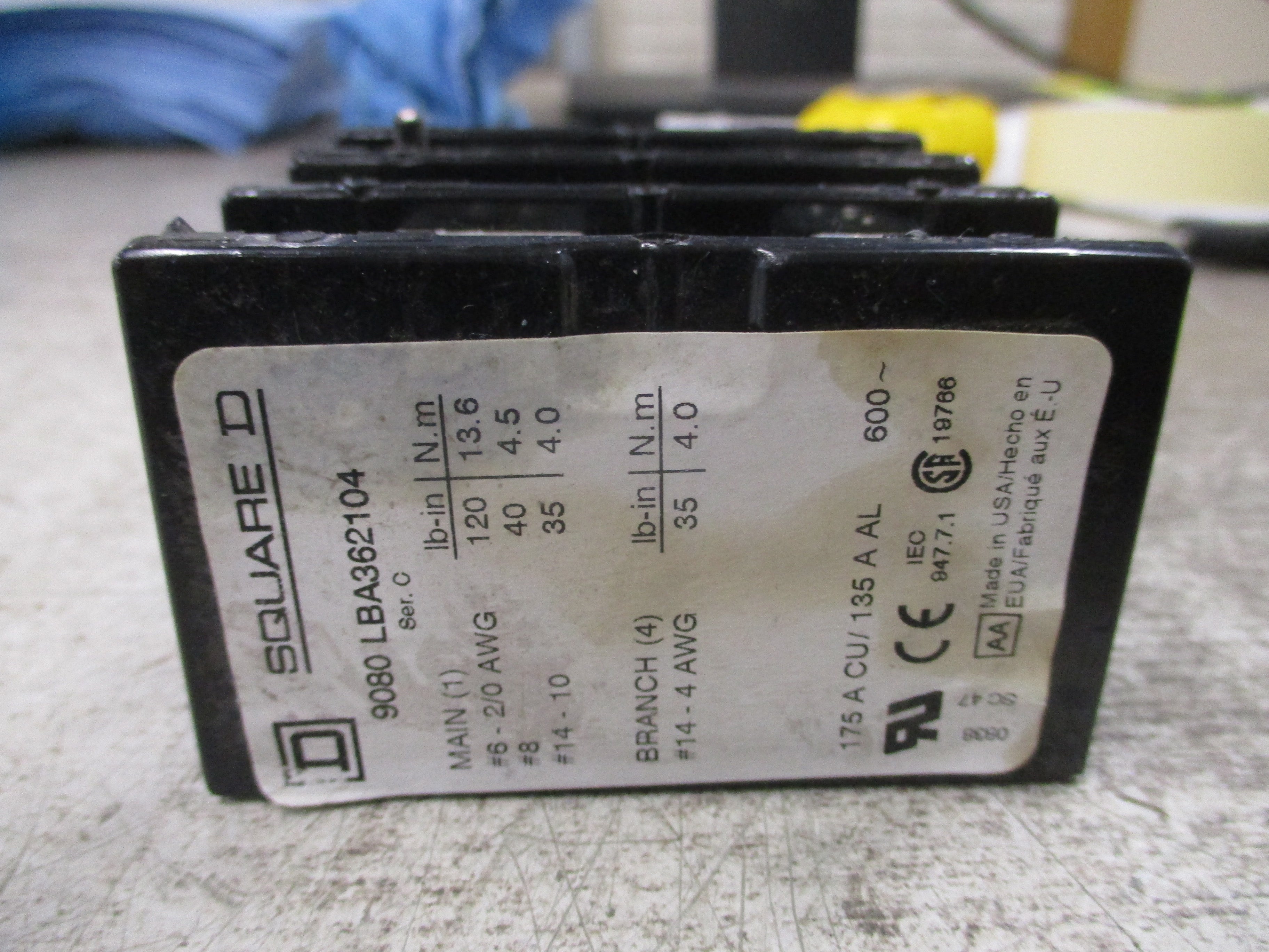 Square D Power Distribution Block 9080 LBA362104 175A 600V 3P