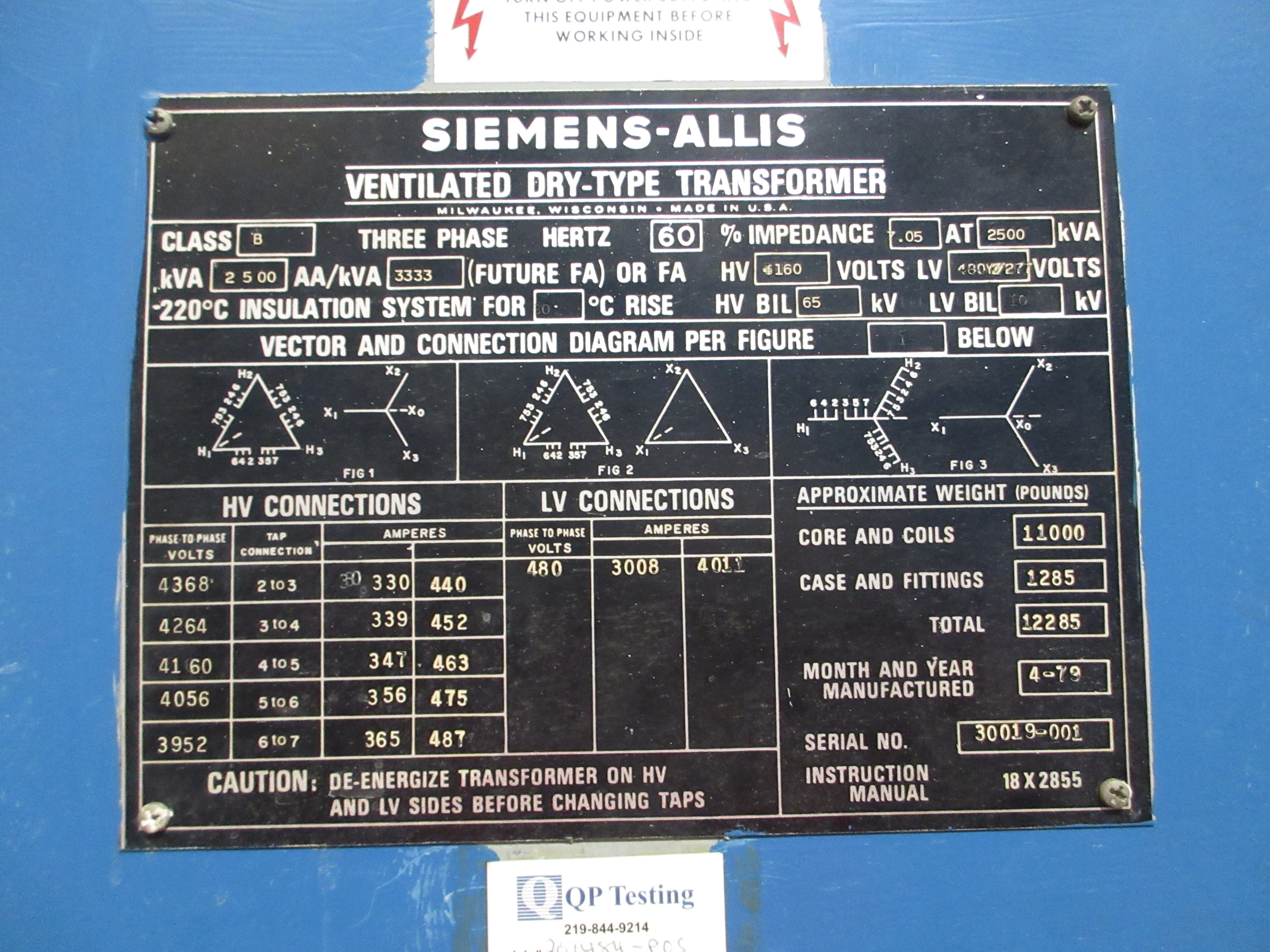 Siemens-Allis Transformer 2500kVA 3Ph 60Hz Pri: 4160V Sec: 480Y/120V Used