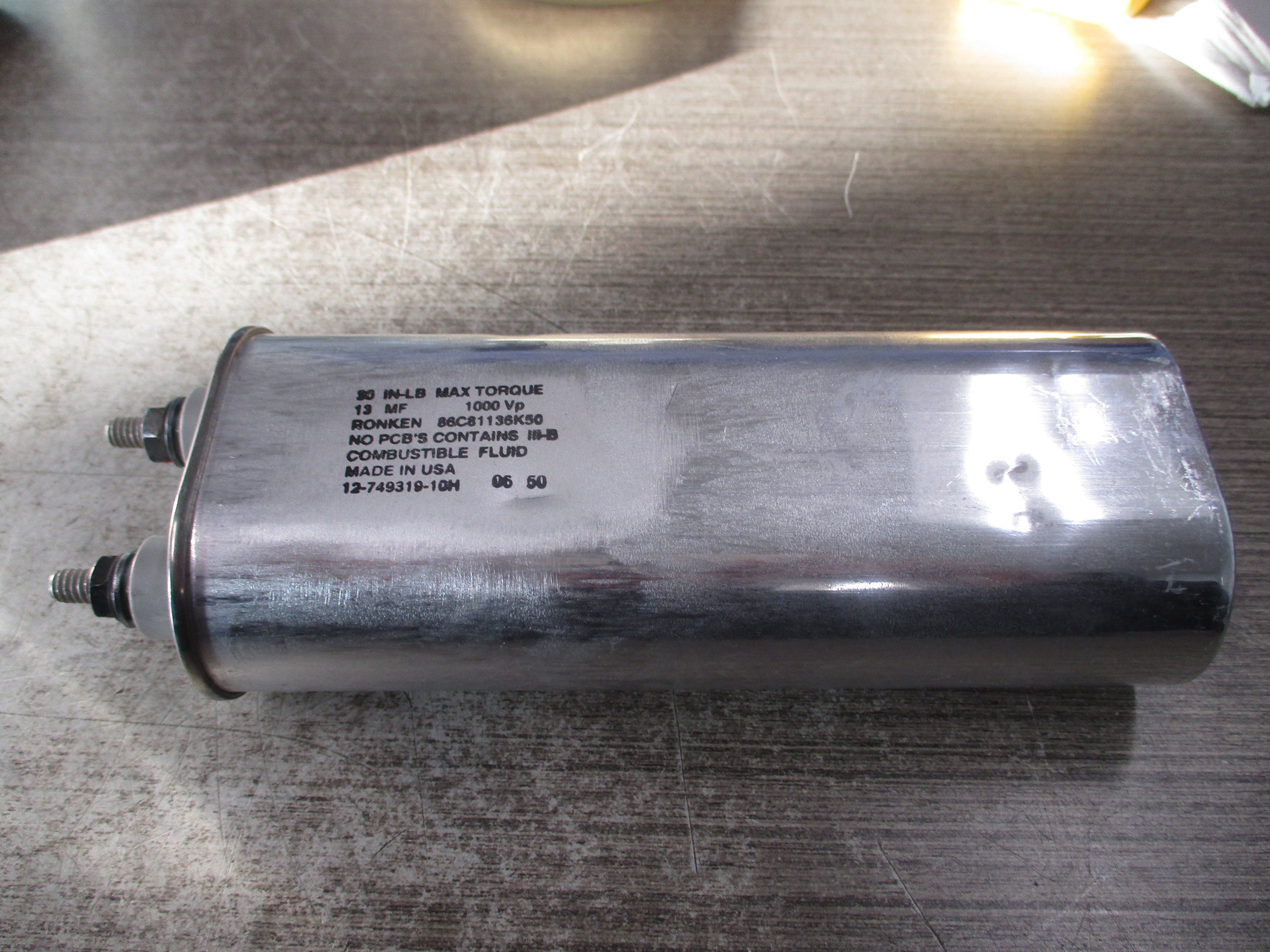 Ronken Capacitor 86C81136K50 13MF 1000V Used
