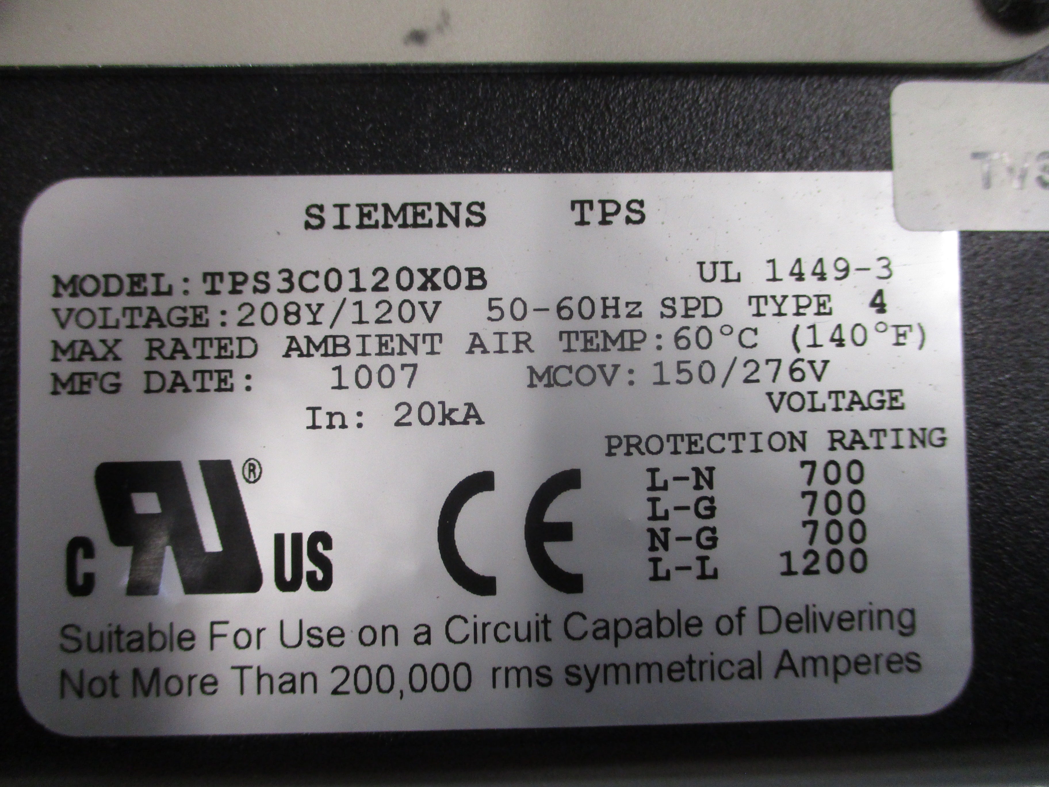 Siemens TPS Surge Suppression Device TPS3C0520X 208Y/120V 50/60Hz MCOV: 150/276V