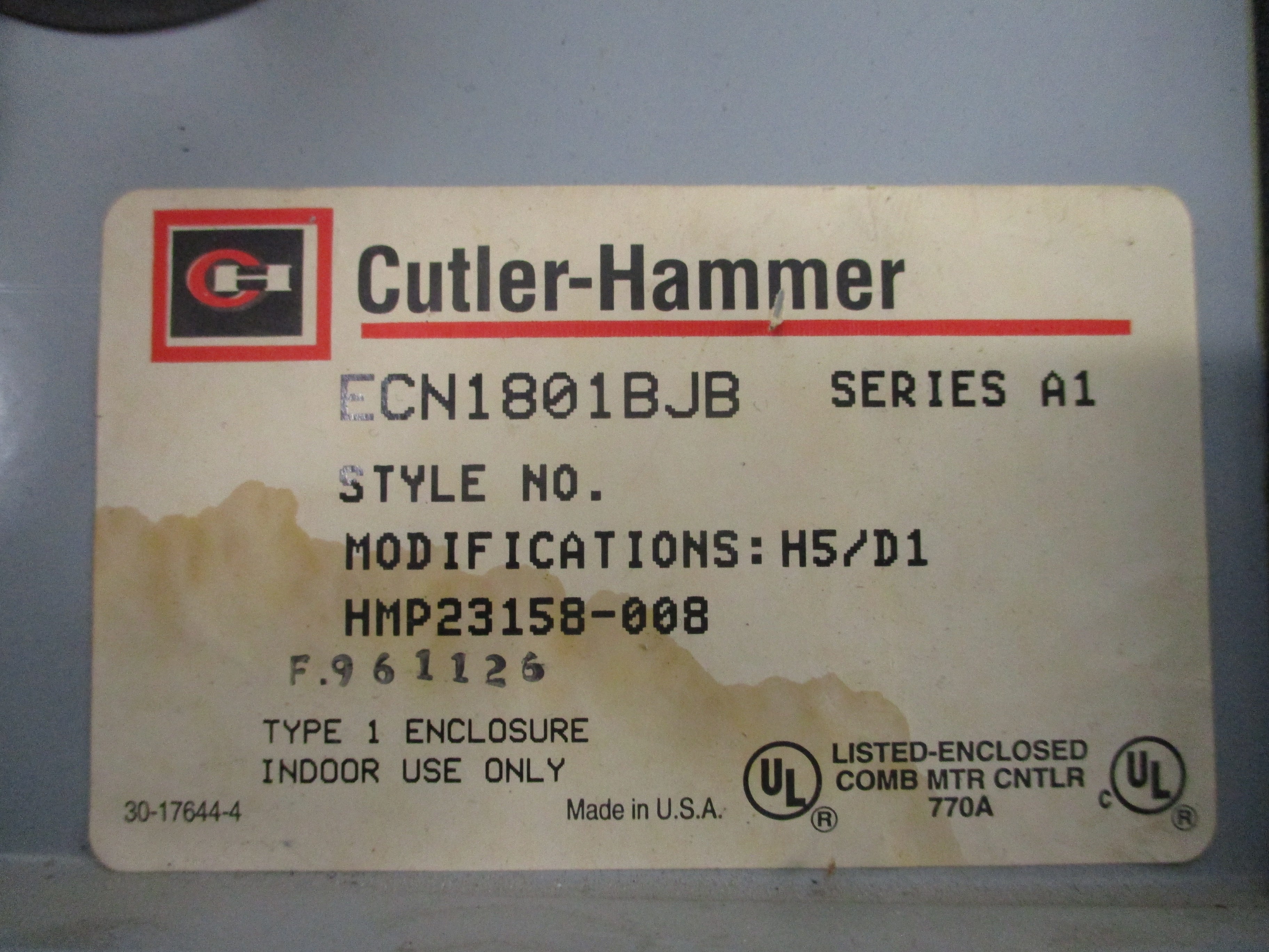 Cutler-Hammer Fusible Size 0 Combination ECN1801BJB Ser. A1 Used