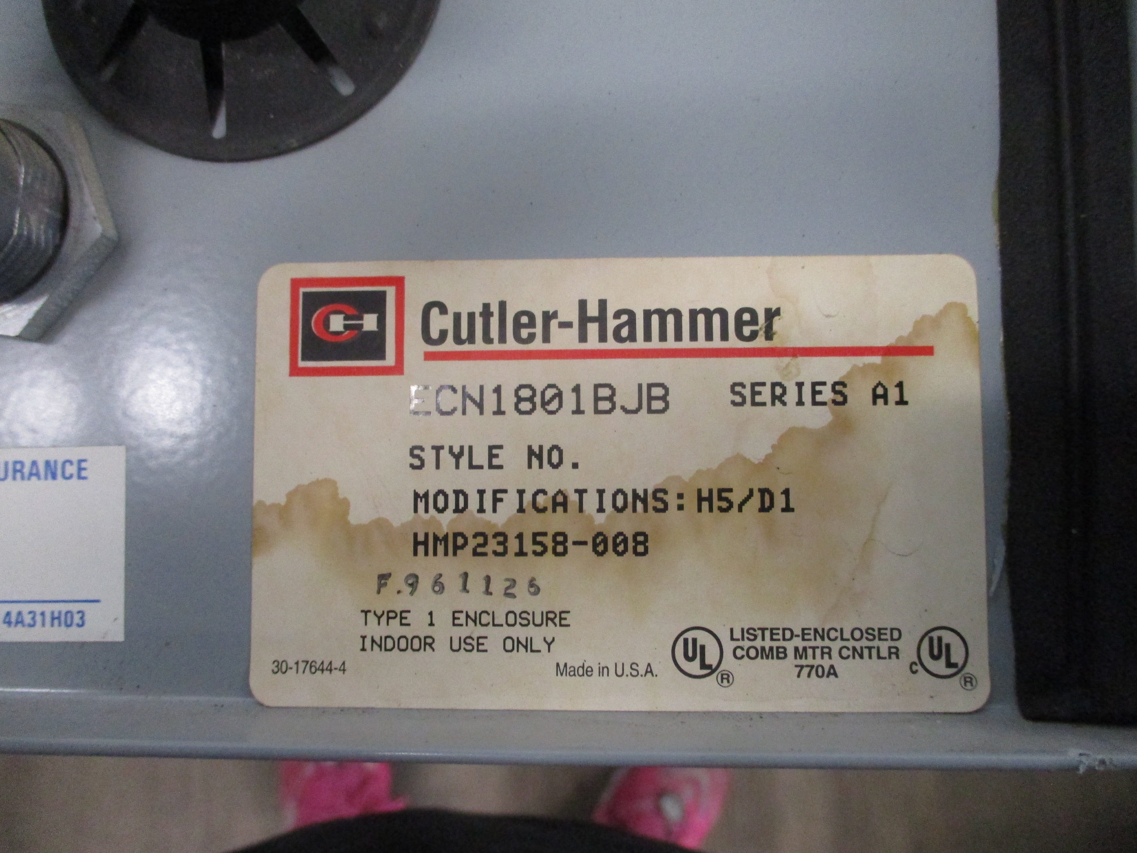 Cutler-Hammer Fusible Size 1 Combination ECN1801BJB Ser. A1 Used