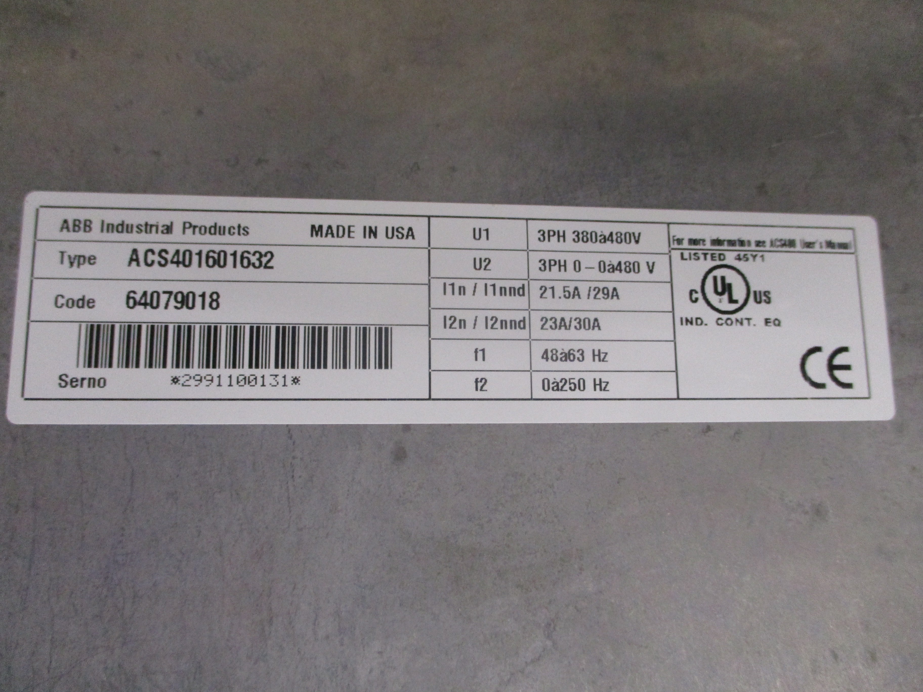 ABB ACS401 AC Drive ACS401601632 20HP 3Ph Input: 3PH 380-480V 21.5-29A 48-63Hz