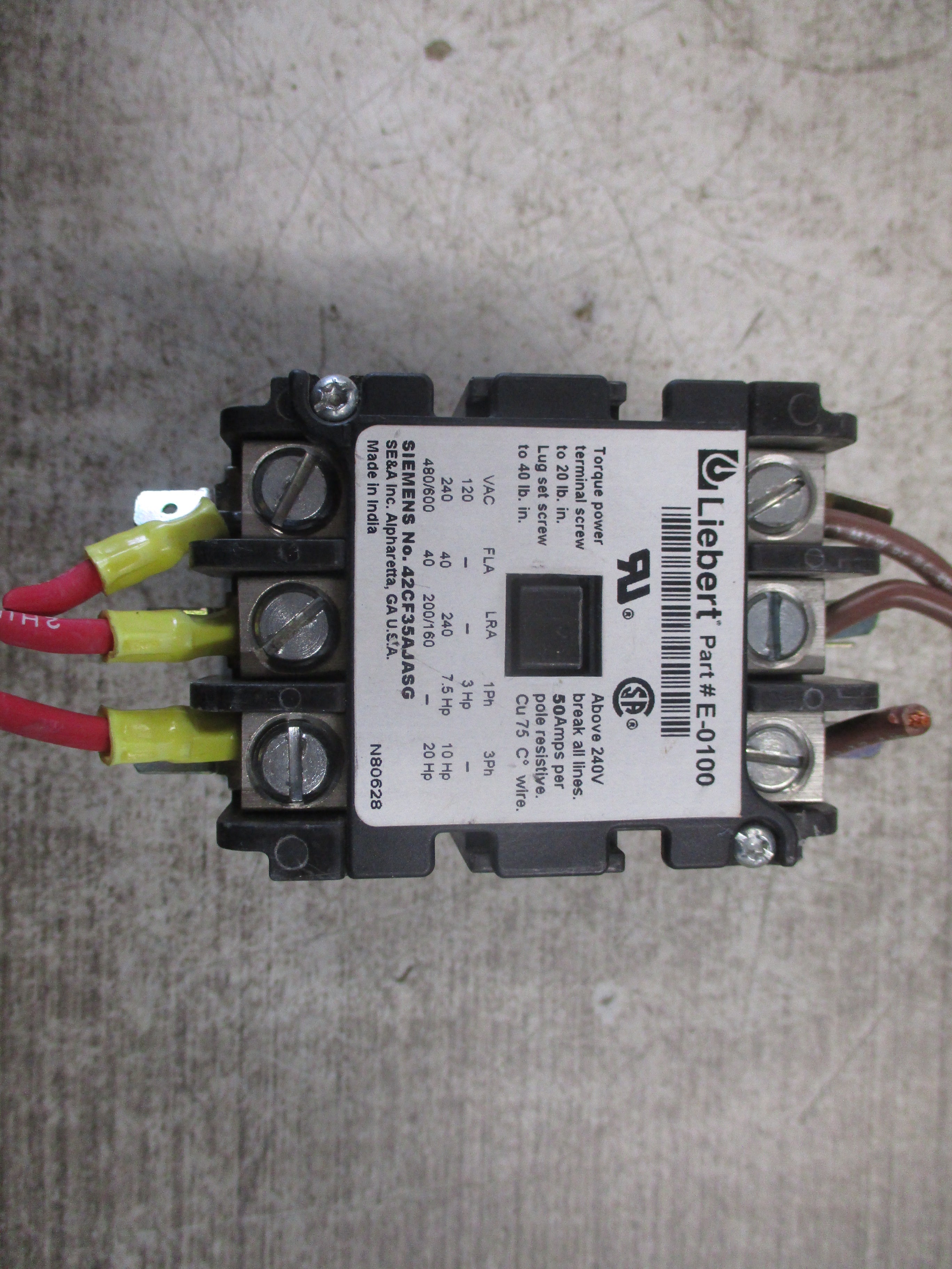 Liebert Contactor E-0100 24V Coil 40A 600V Used