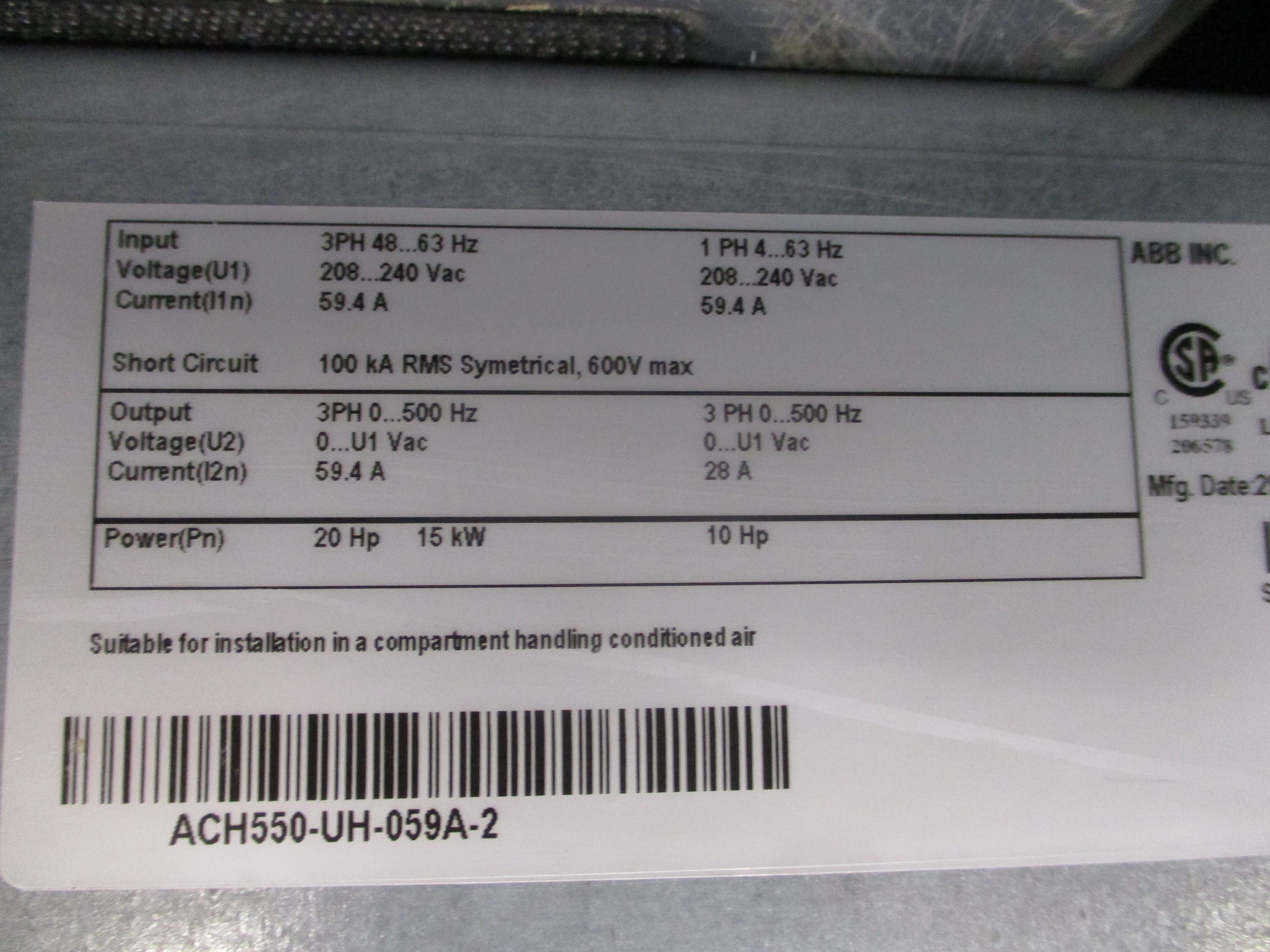 ABB ACH550 AC Drive ACH550-UH-059A-2 20HP/10HP Input: 3PH 48-63Hz 208-240VAC