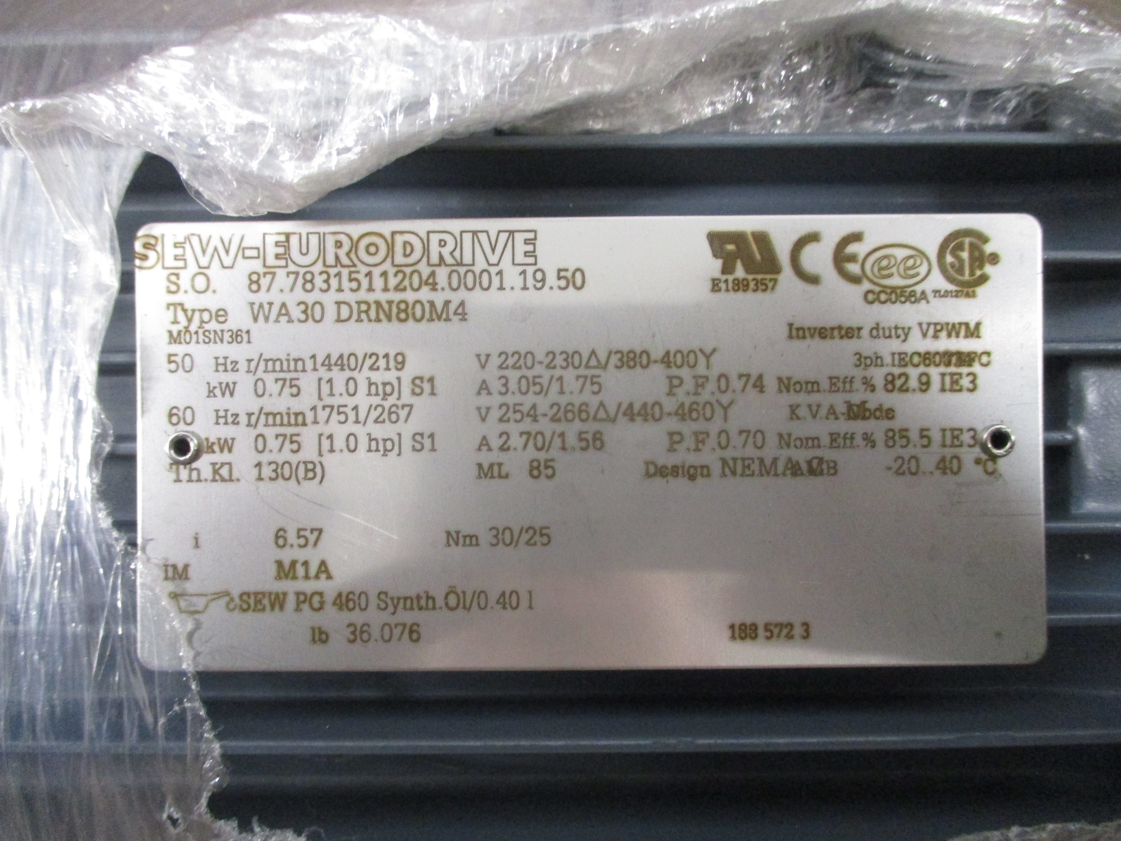Sew-Eurodrive Gearmotor WA30 DRN80M4 M01SN361 1HP Ratio 6.57:1 267RPM Out