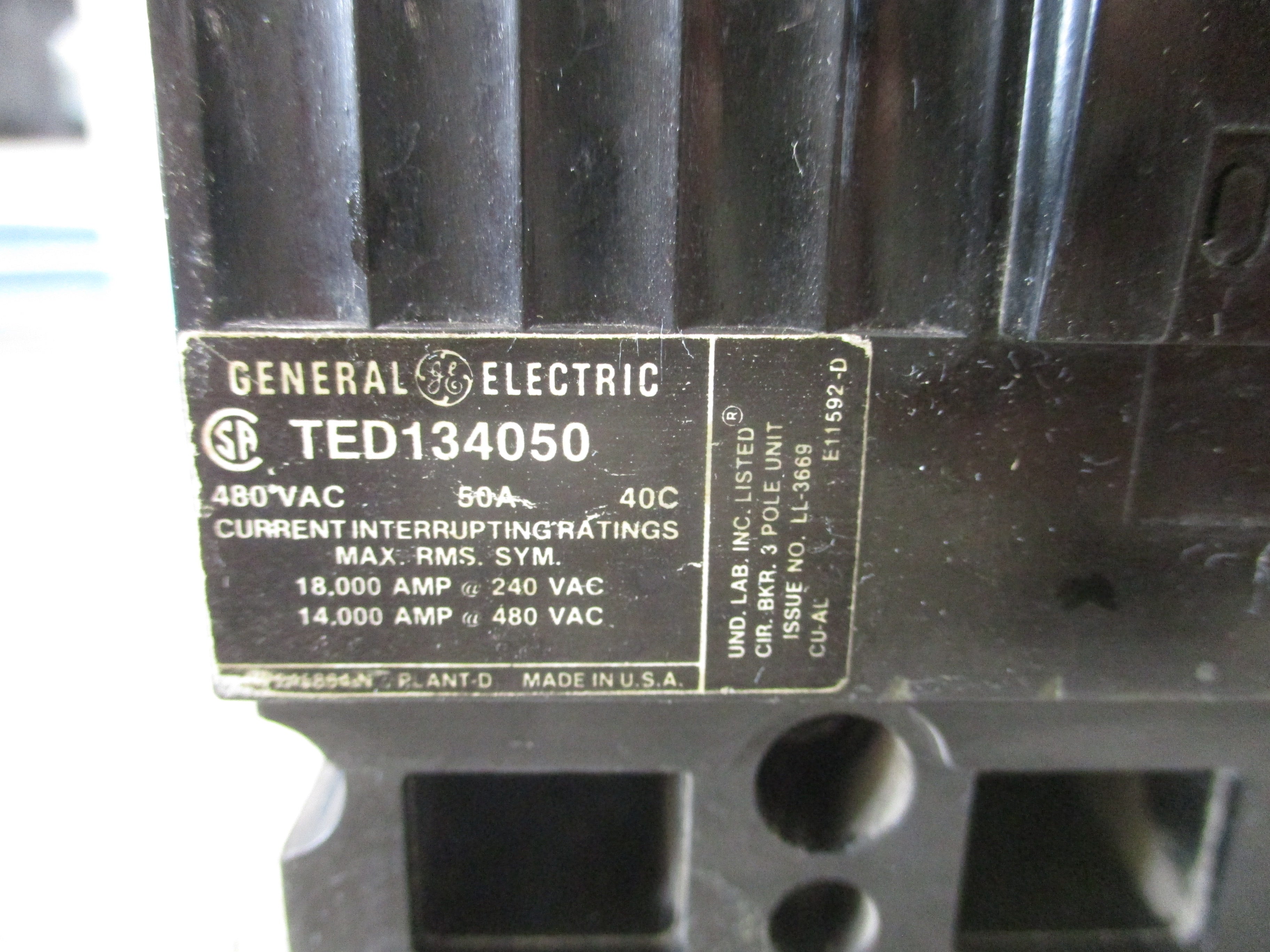 GE Circuit Breaker TED134050 50A 240/480V 3P *Missing (1) Lug* Used