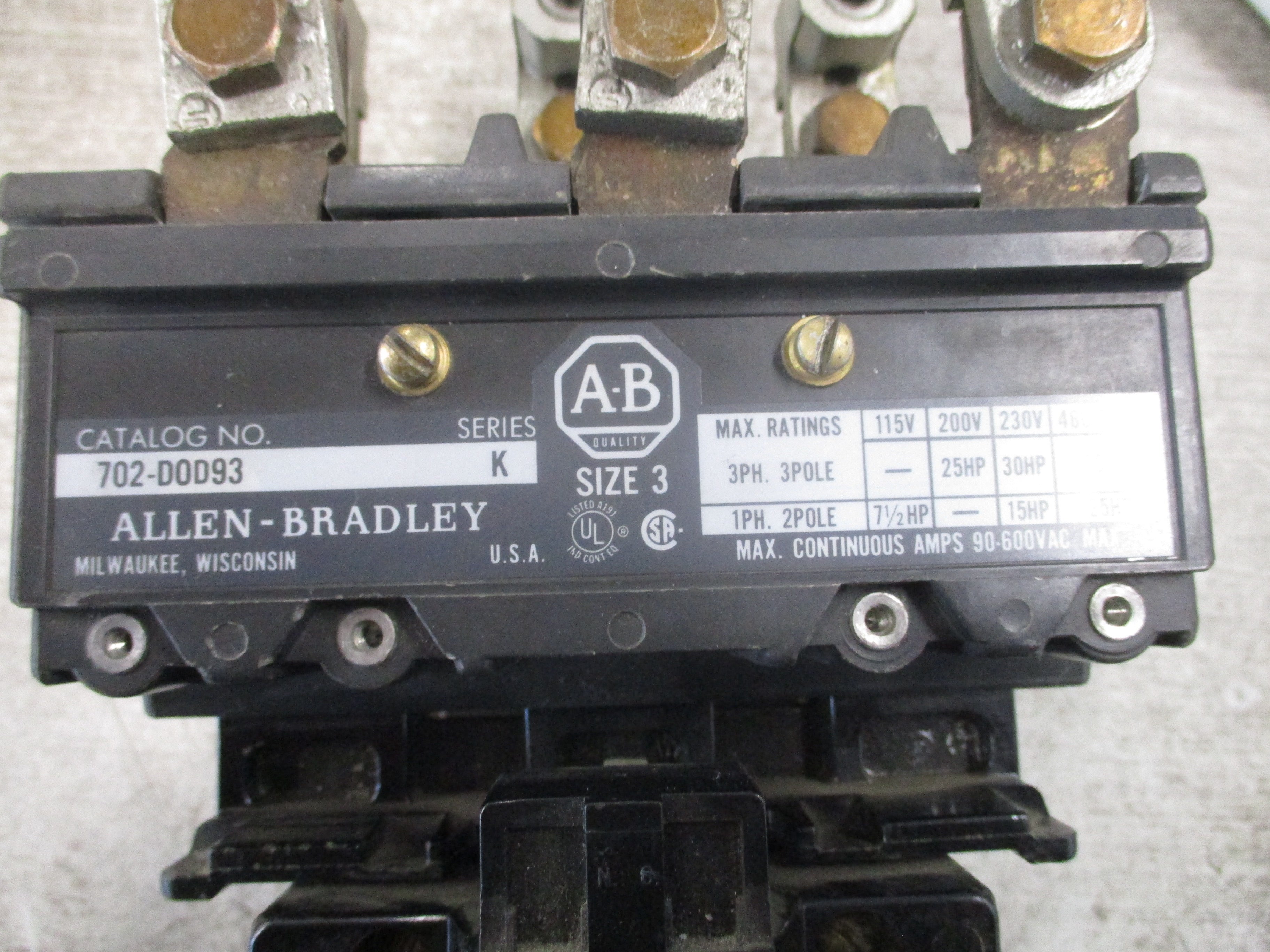 Allen-Bradley Size 3 Starter 702-DOD93 Ser. K 90A 600V 120V Coil Used