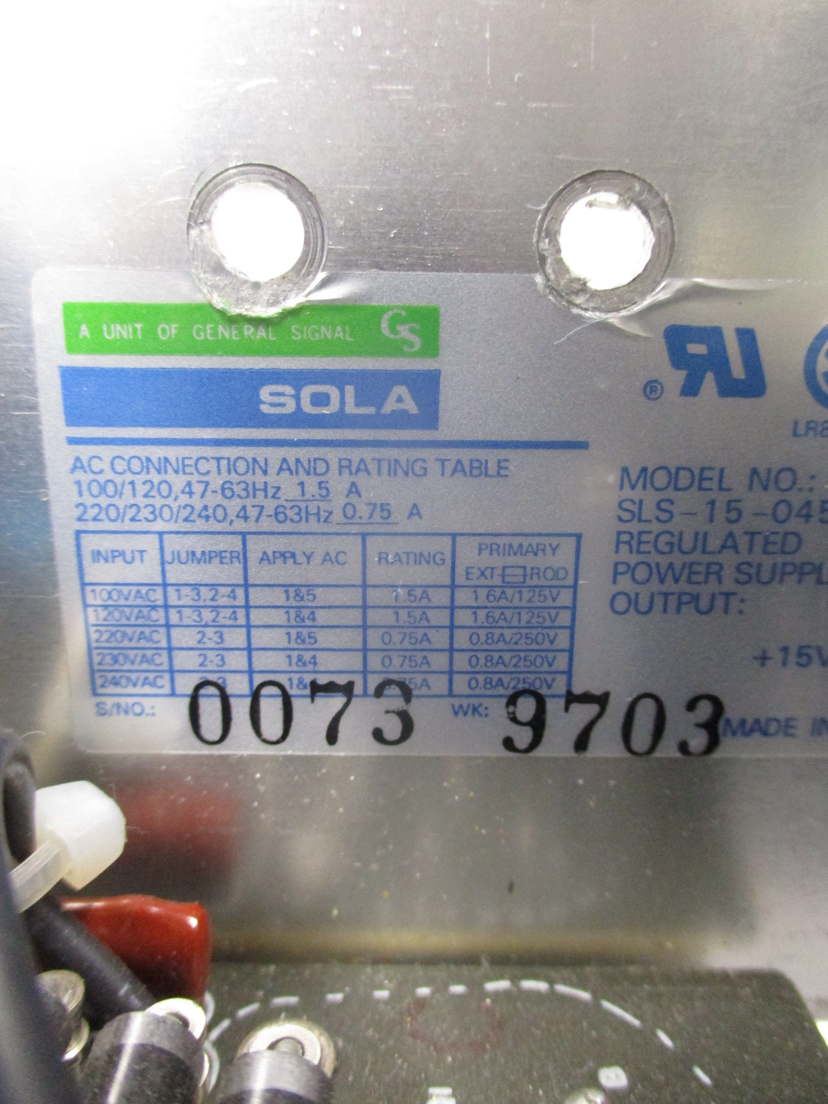 Sola Regulated Power Supply SLS-15-045 Input: 120-240VAC 1.5-0.75A