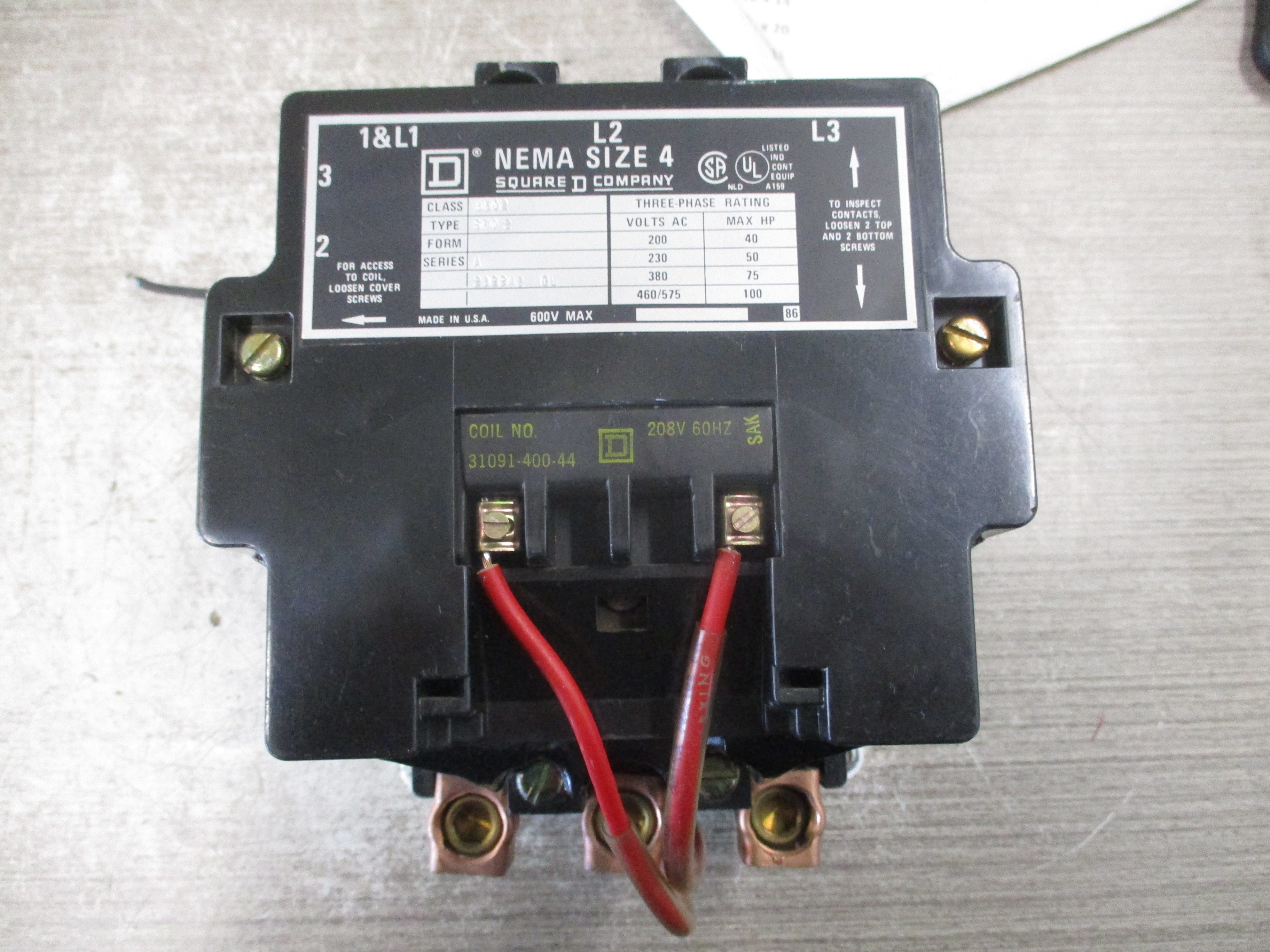 Square D Size 4 Contactor 8502 SFO 2 Ser. A 208V Coil Used