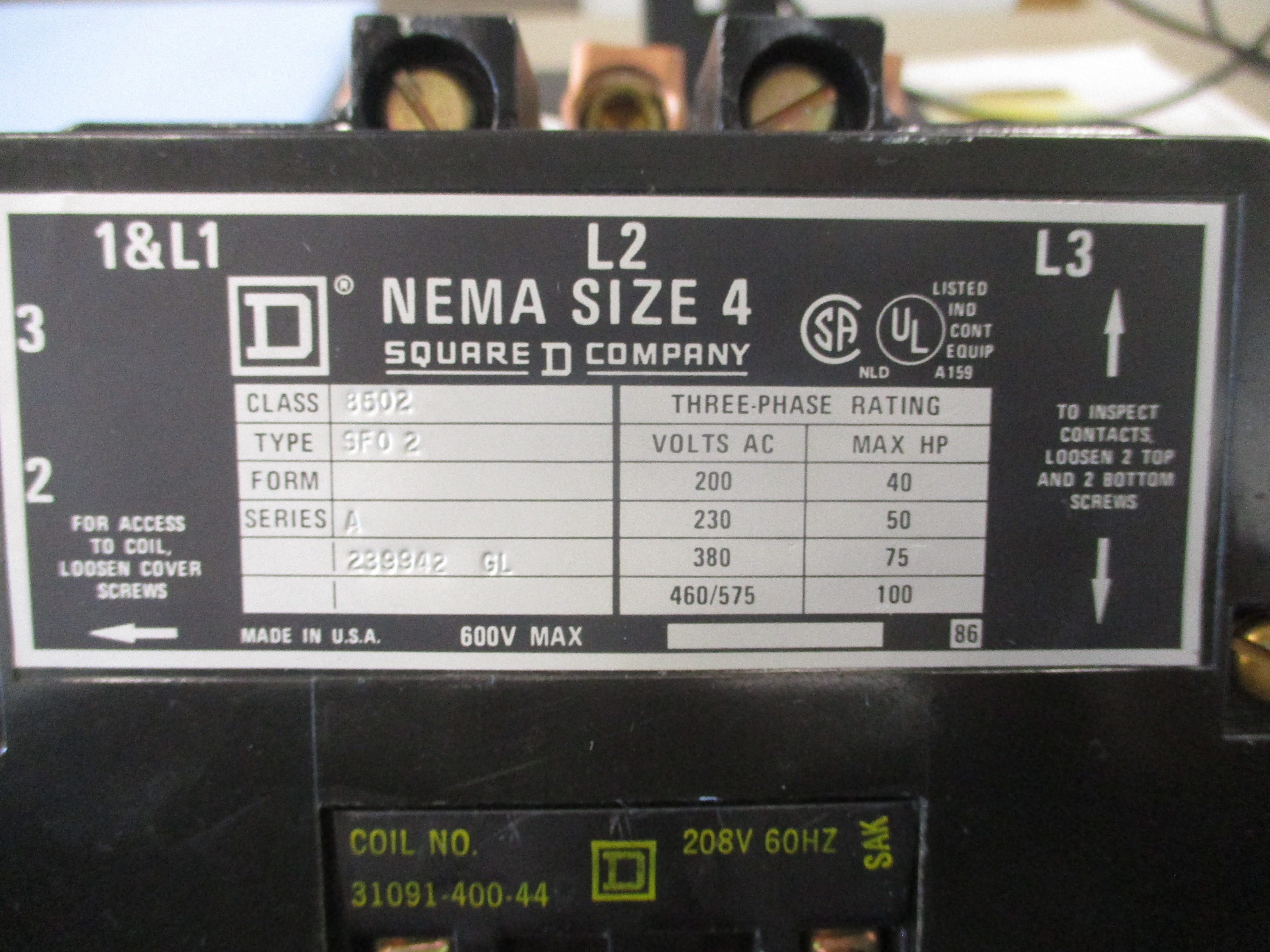 Square D Size 4 Contactor 8502 SFO 2 Ser. A 208V Coil Used