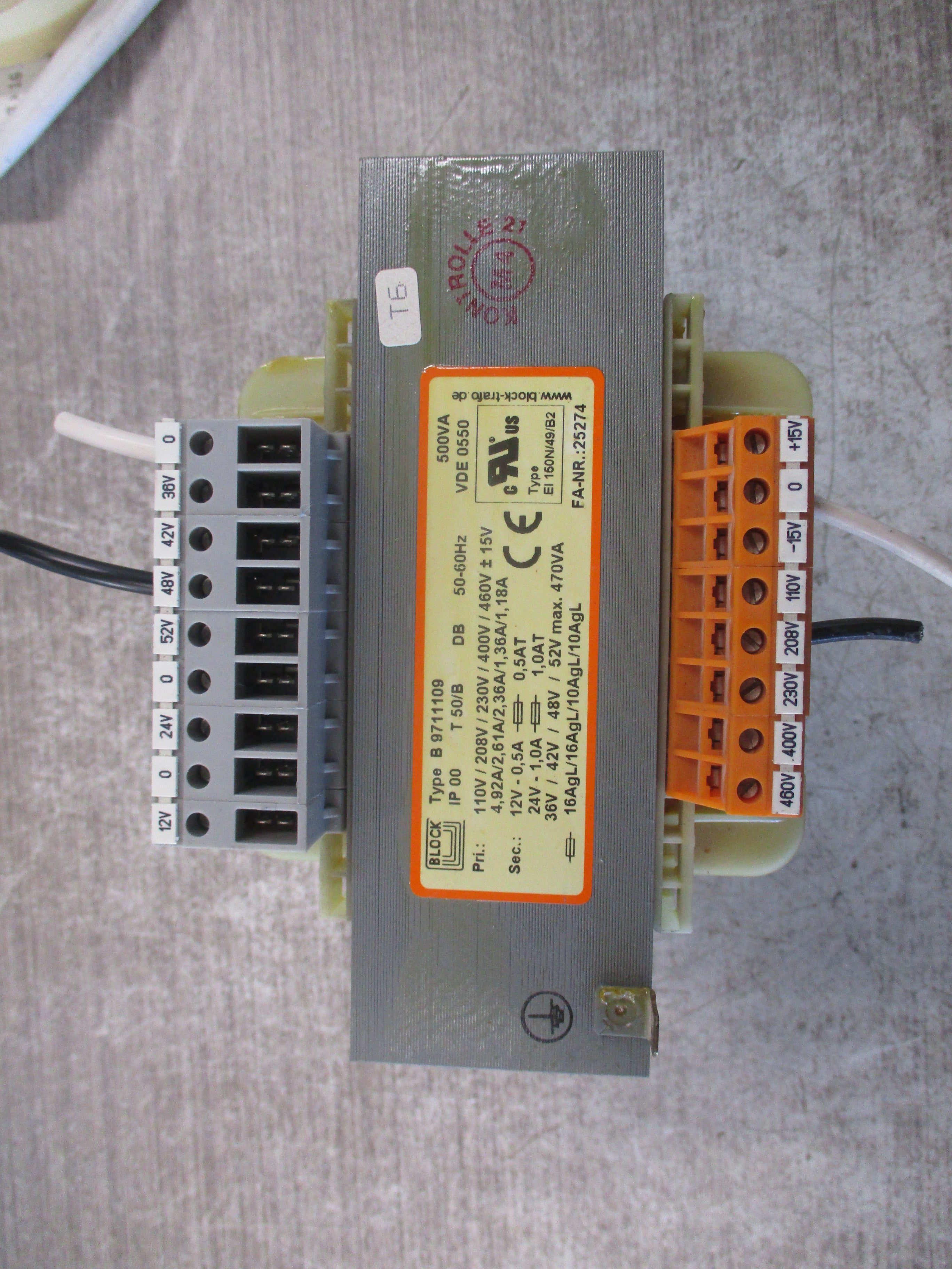 Block Transformer B 9711109 500VA Pri: 110/208/230/400/480V