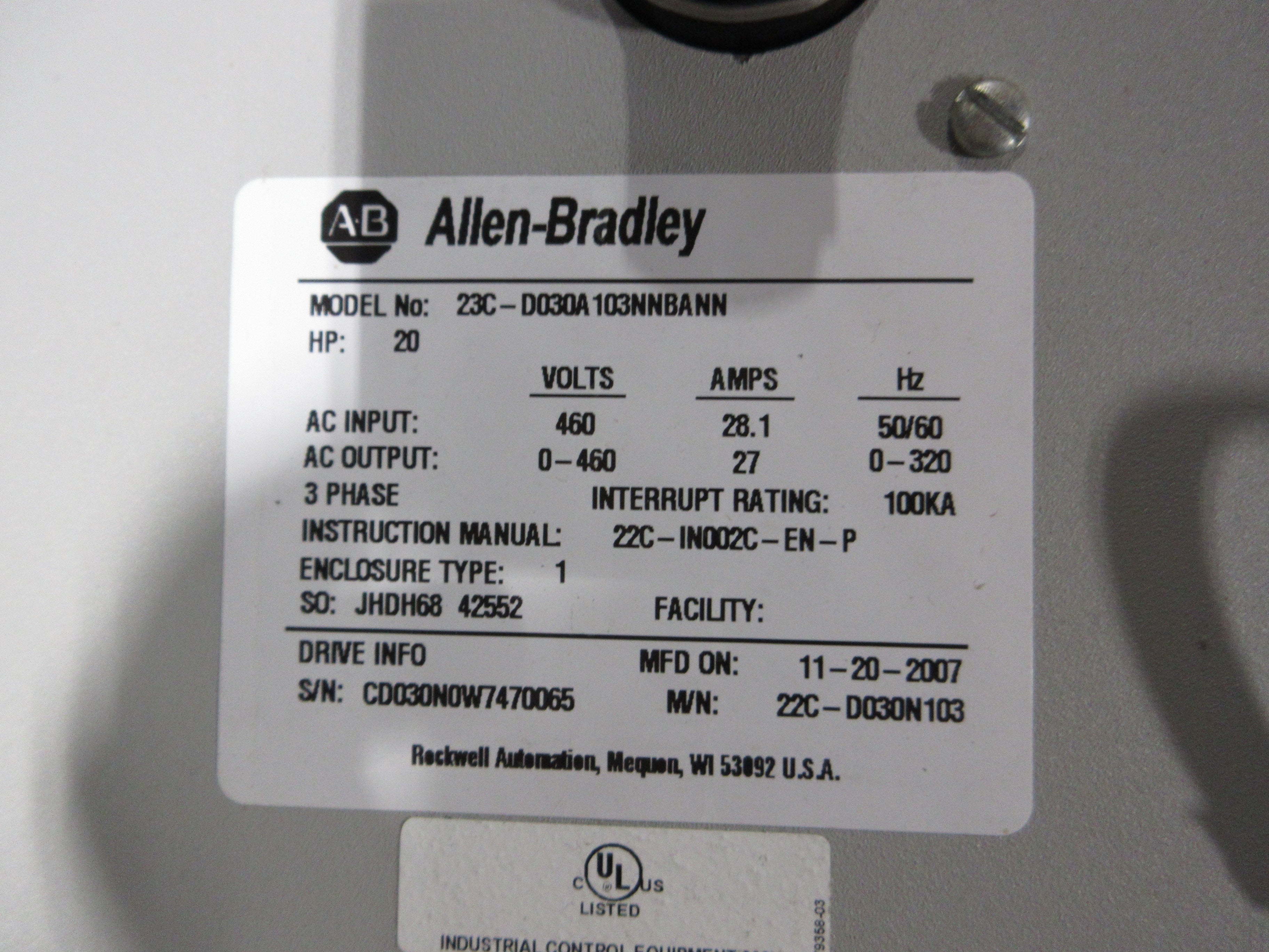 Allen-Bradley PowerFlex 400 AC Drive w/ Bypass 22C-D030N103 20HP 3Ph *No Cover*