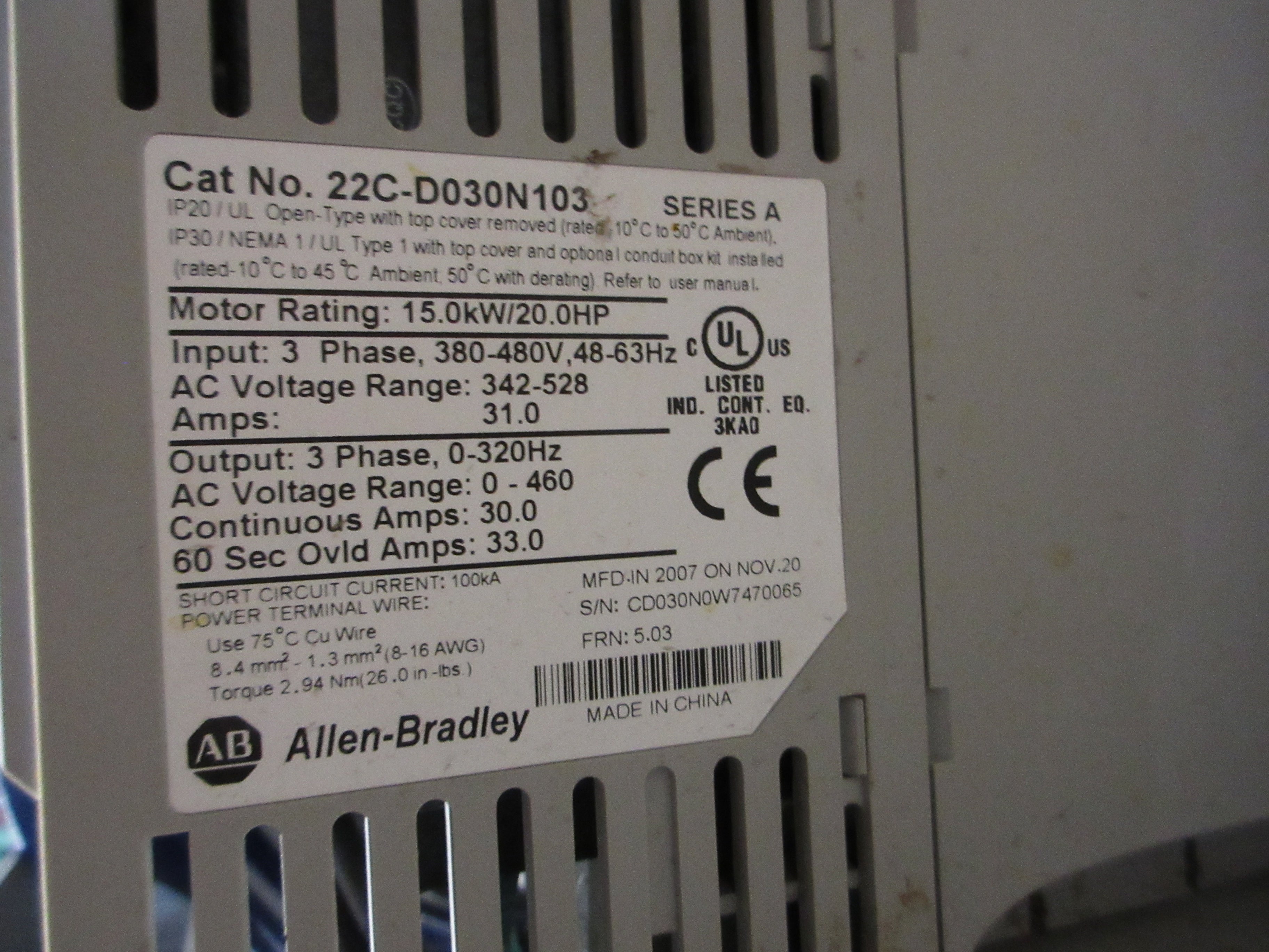 Allen-Bradley PowerFlex 400 AC Drive w/ Bypass 22C-D030N103 20HP 3Ph *No Cover*