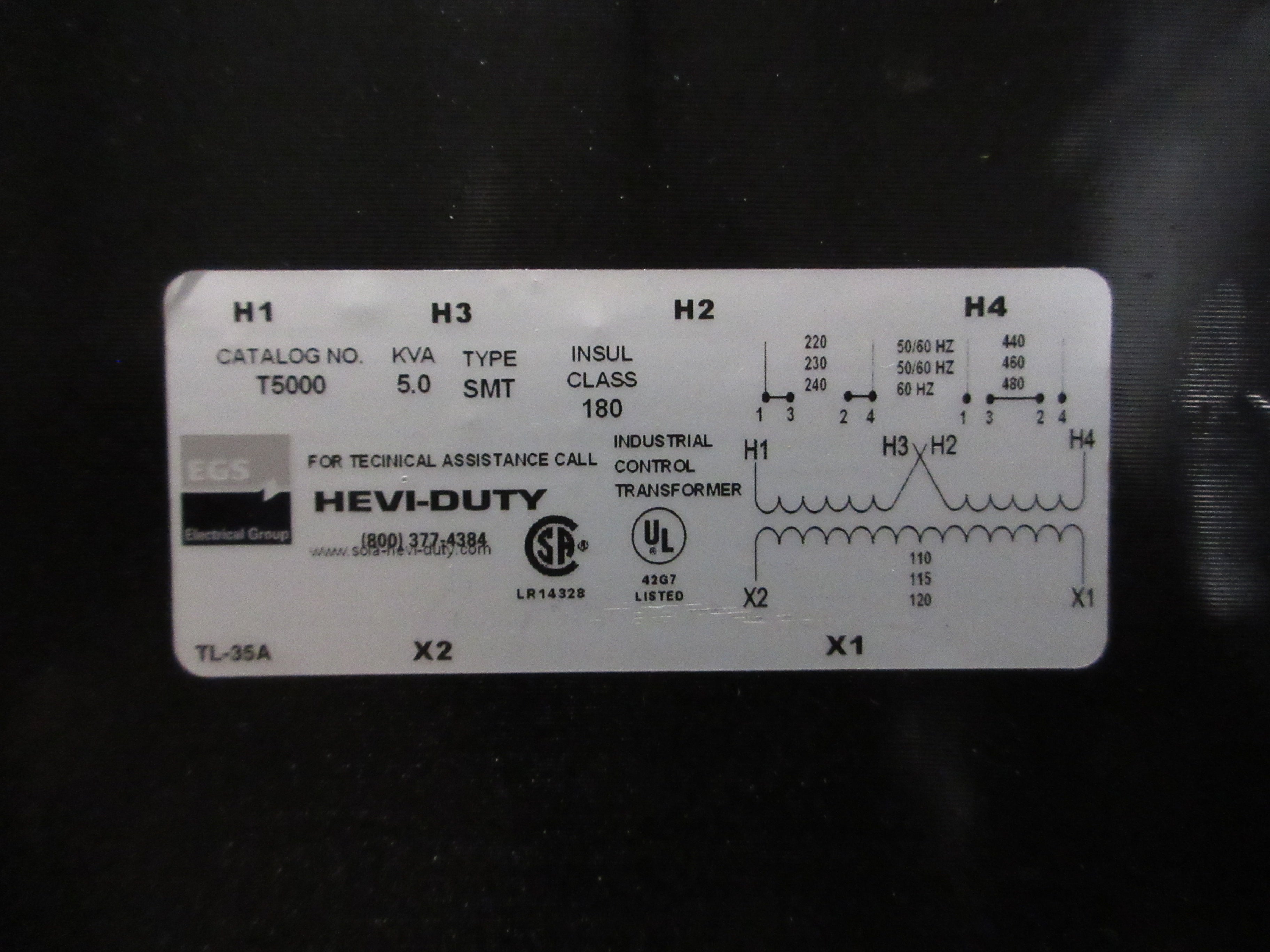 Hevi-Duty Enclosed Transformer T5000 5kVA Pri: 240/480V Sec: 120V Used