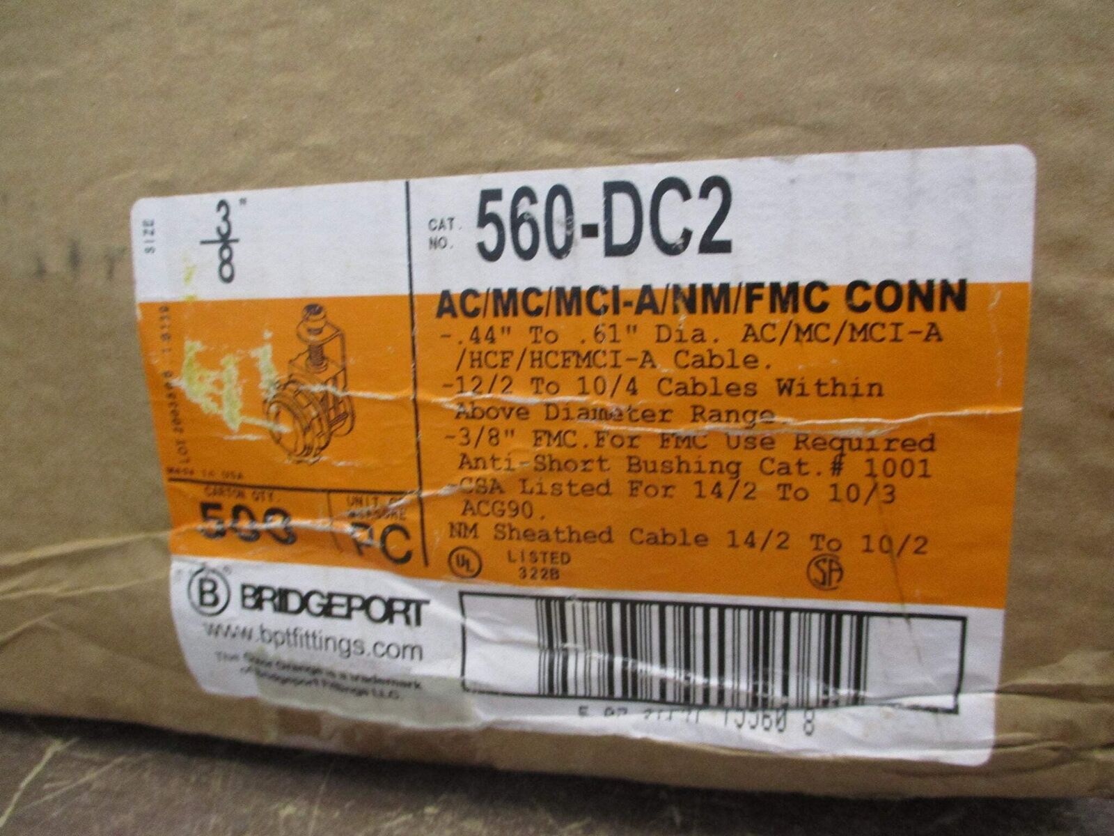 Bridgeport Cable Connector 560-DC2 AC/MC/MCI-A/NM/FMC 3/8"