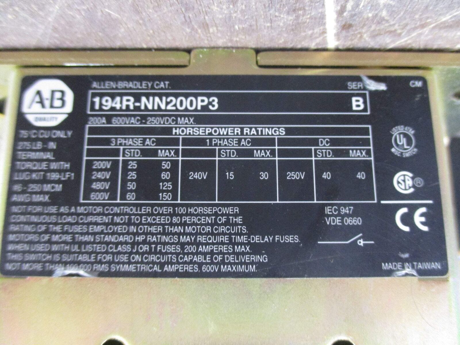 Allen-Bradley Disconnect Switch 194R-NN200P3 Ser. B 200A 600V 3P Used